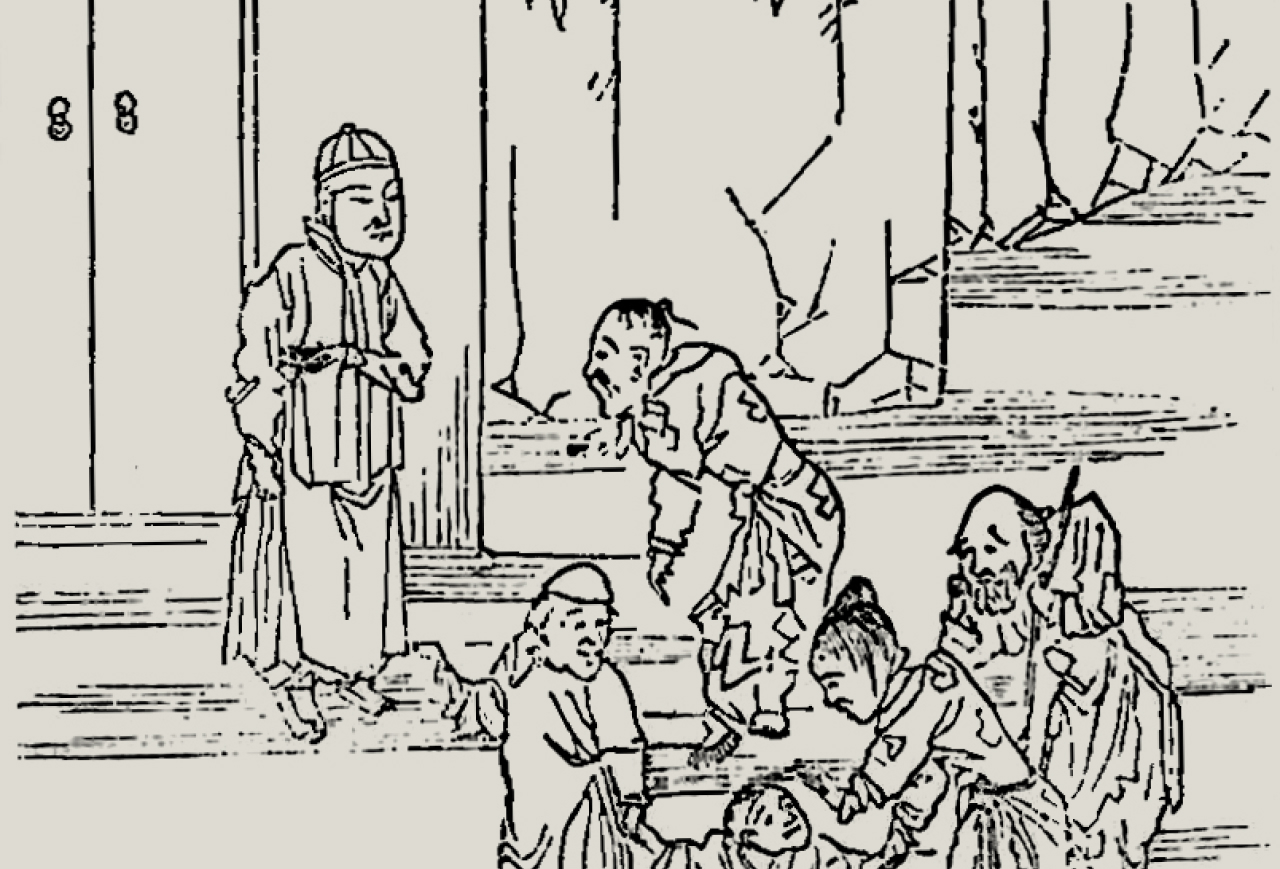 Black and white sketch of a destitute family selling a child in China