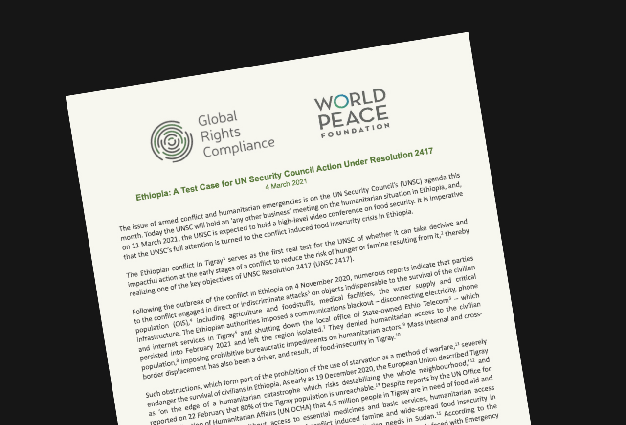 Document with Global Rights Compliance and World Peace Foundation logos and text.