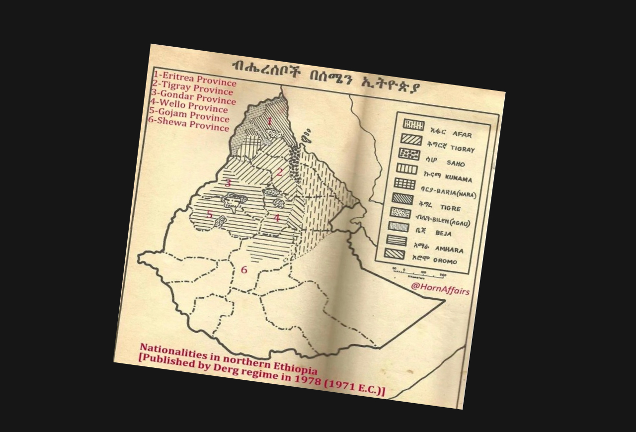 Map with Amharic writing, of Nationalities in northern Ethiopia.