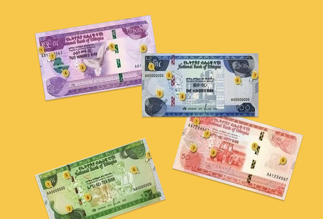 4 new Ethiopian banknotes arranged on yellow background