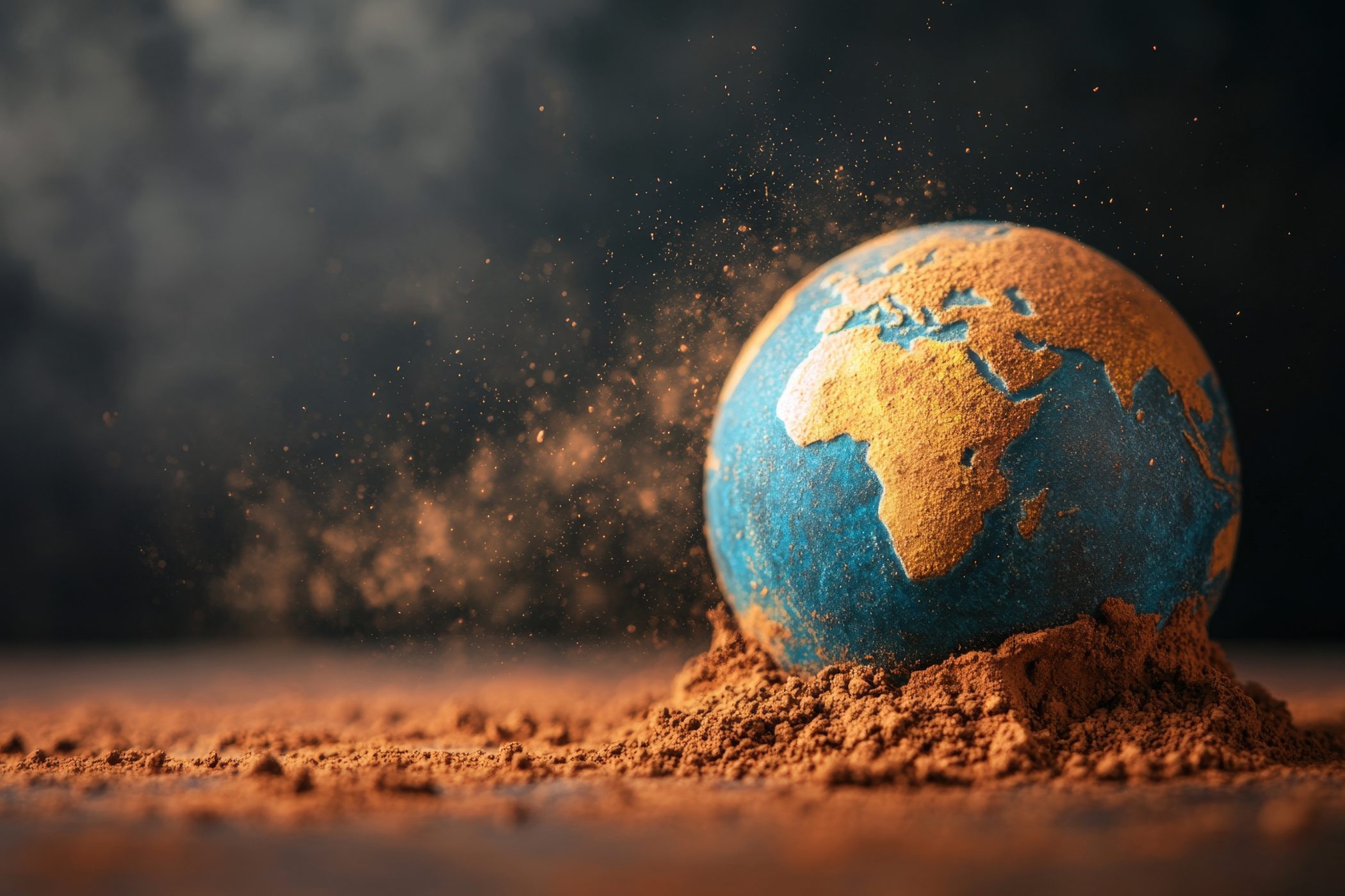 An artistic depiction of the globe partially covered in dust