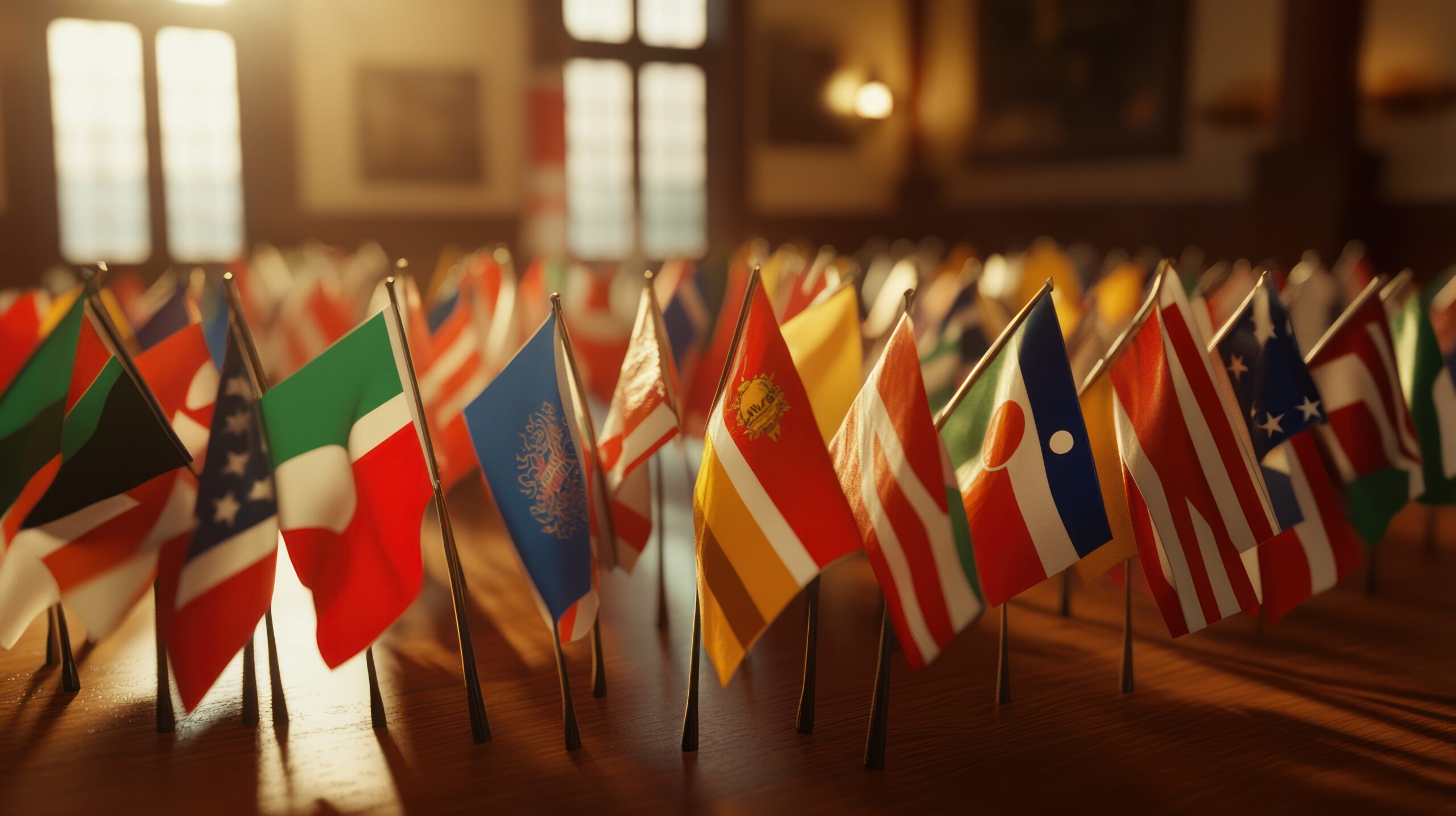 many assorted flags are lined up on a table