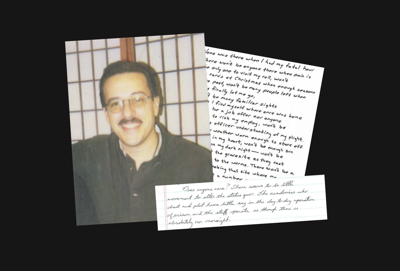 Photo collage of Jorge Zerquera smiling and two pages of his writings