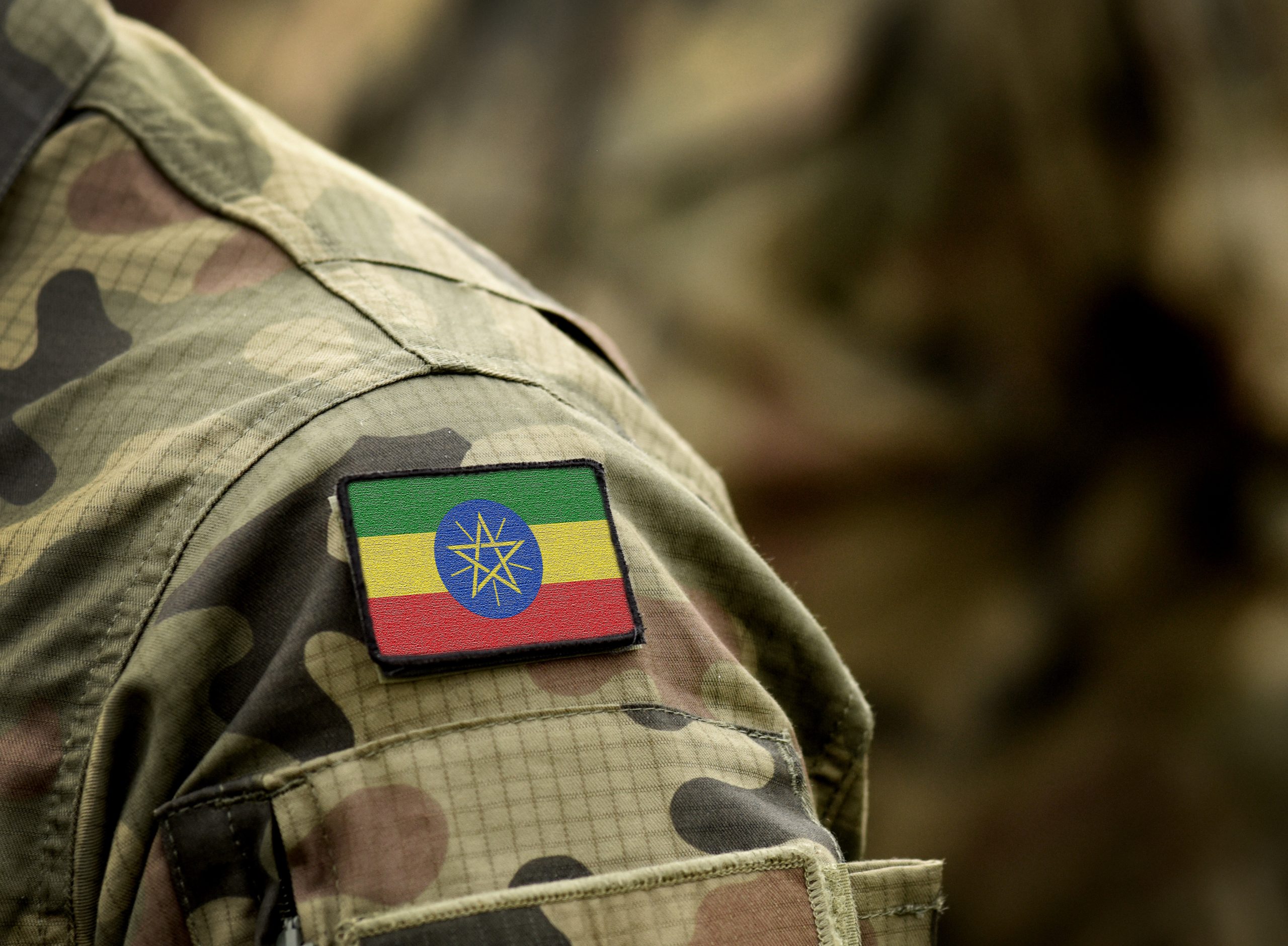 Shoulder of a person in camouflage, with an Ethiopian flag patch.