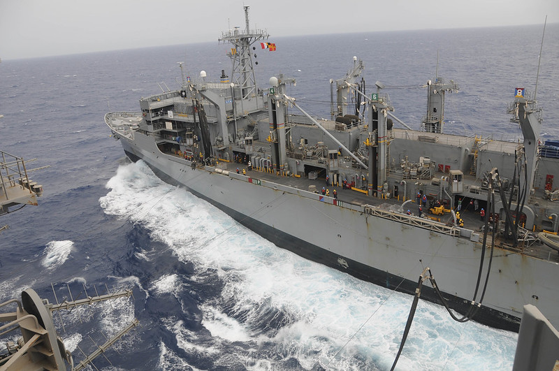 The Military Sealift Command fast combat support ship USNS Rainier at sea.