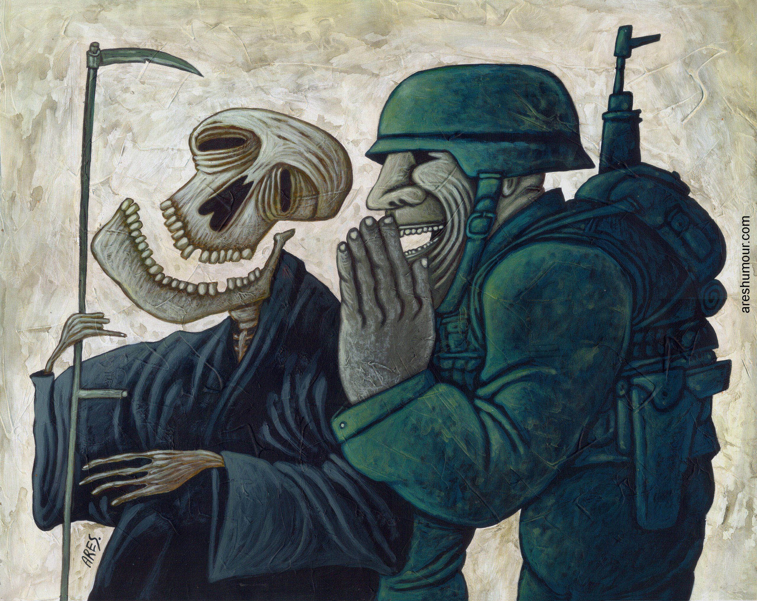 Color drawing of a skeleton laughing with a soldier