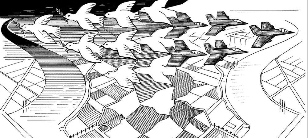 Black and white drawing with birds flying to the left and fighter planes to the right.