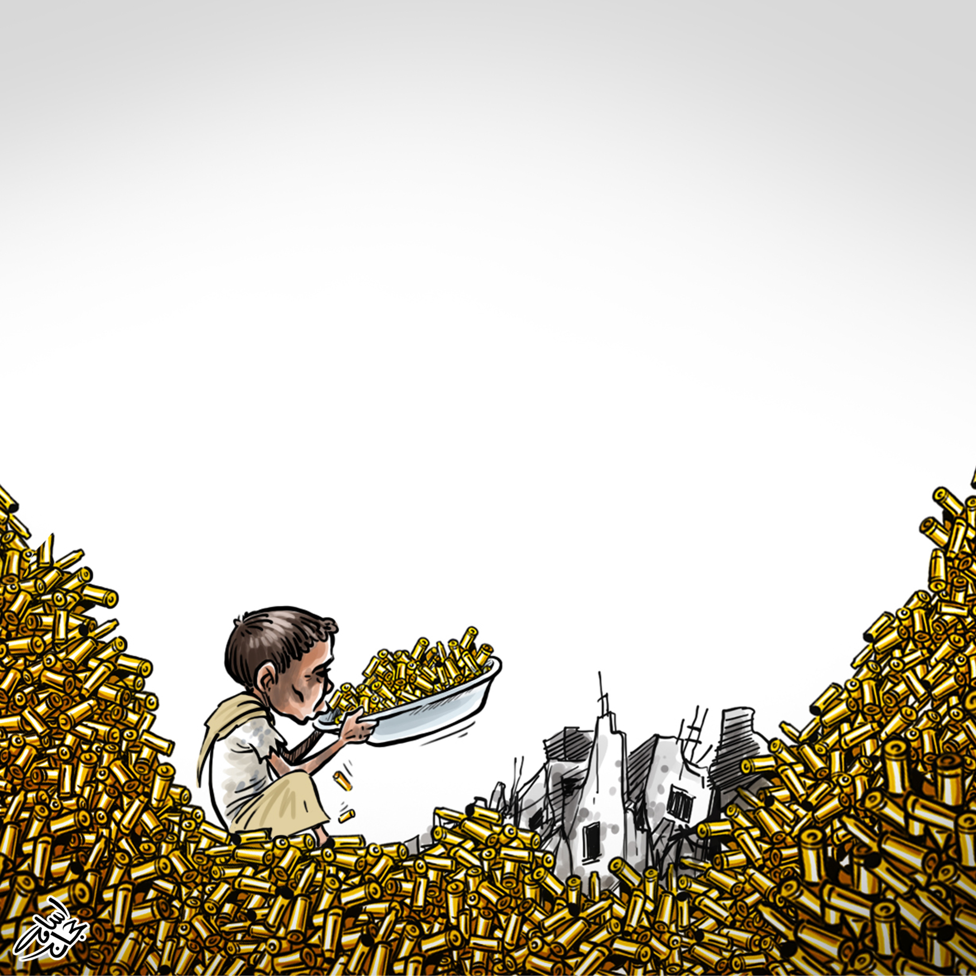 Ill-looking child holding a bowl of bullets to their lips, sitting between a mountain of bullets and destroyed building in background.