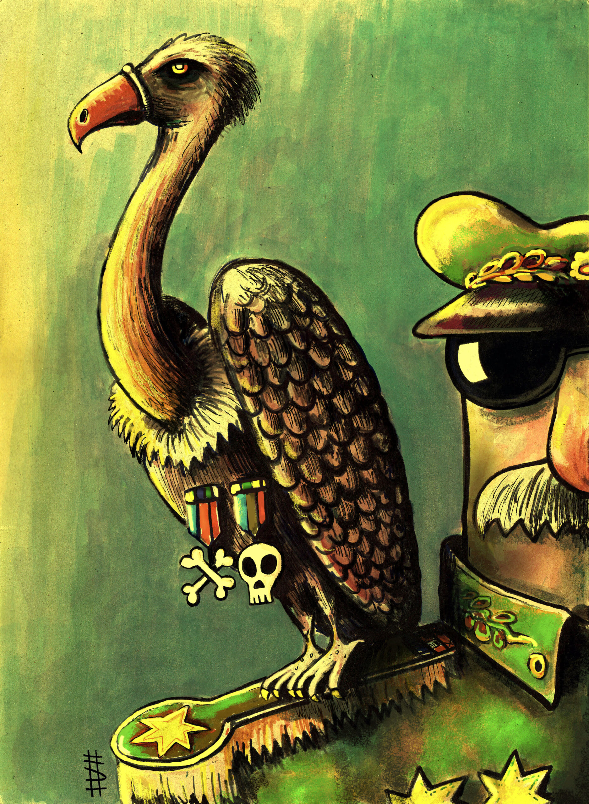Colorful drawing of a vulture on a general's shoulder.