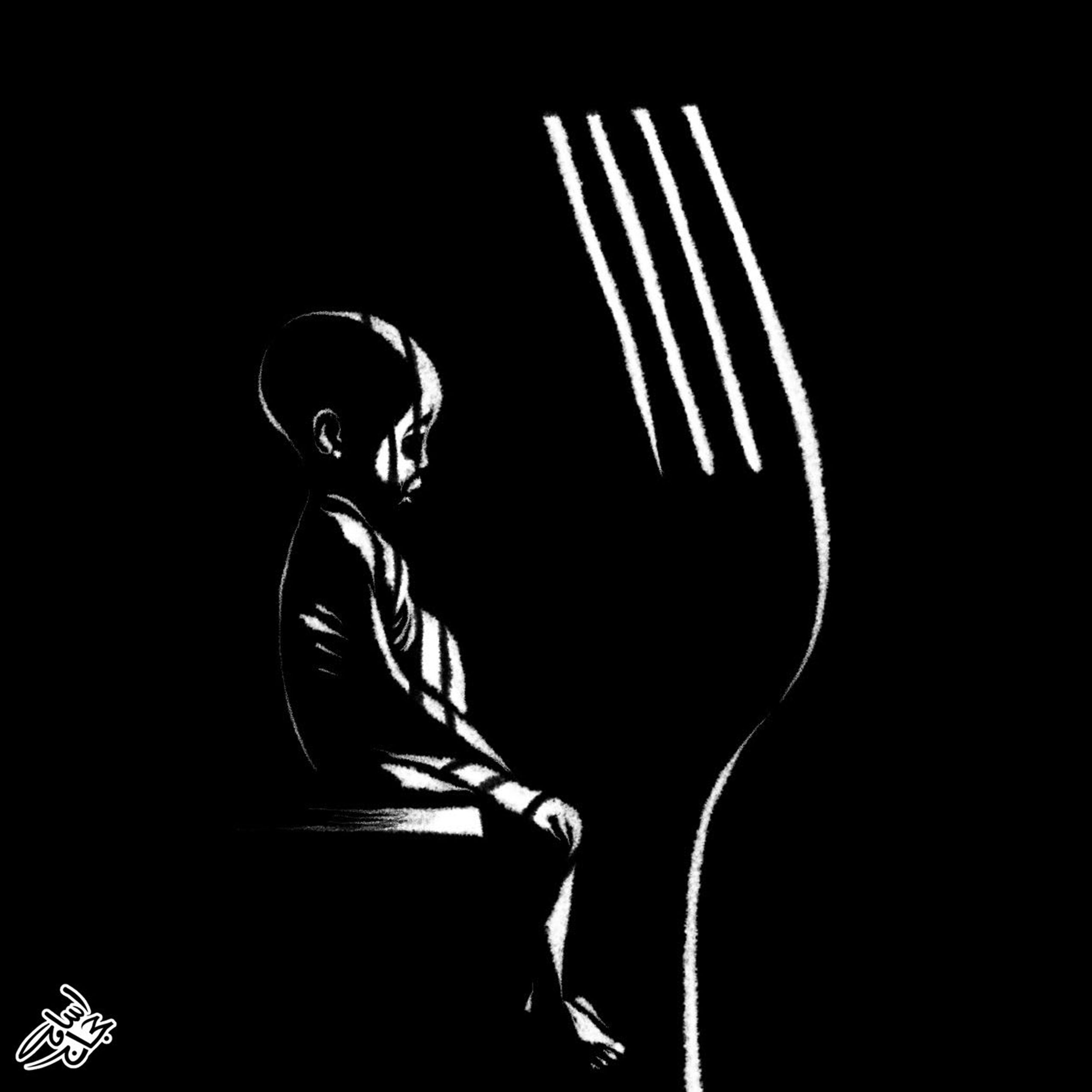 Black and white drawing of a child and a fork, as prison bars.
