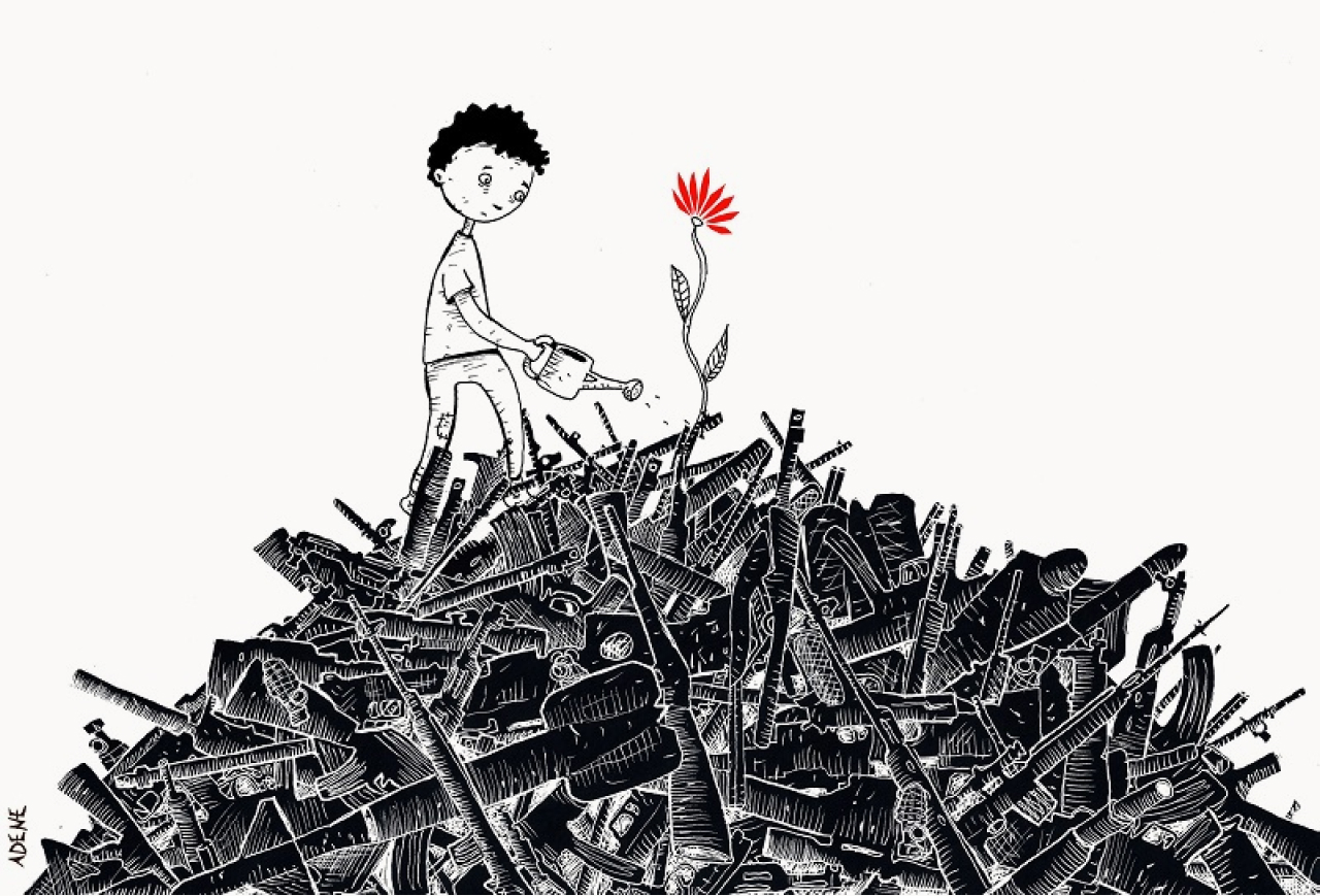 Black and white sketch of a young person standing on a pile of weapons, watering a single red flower.