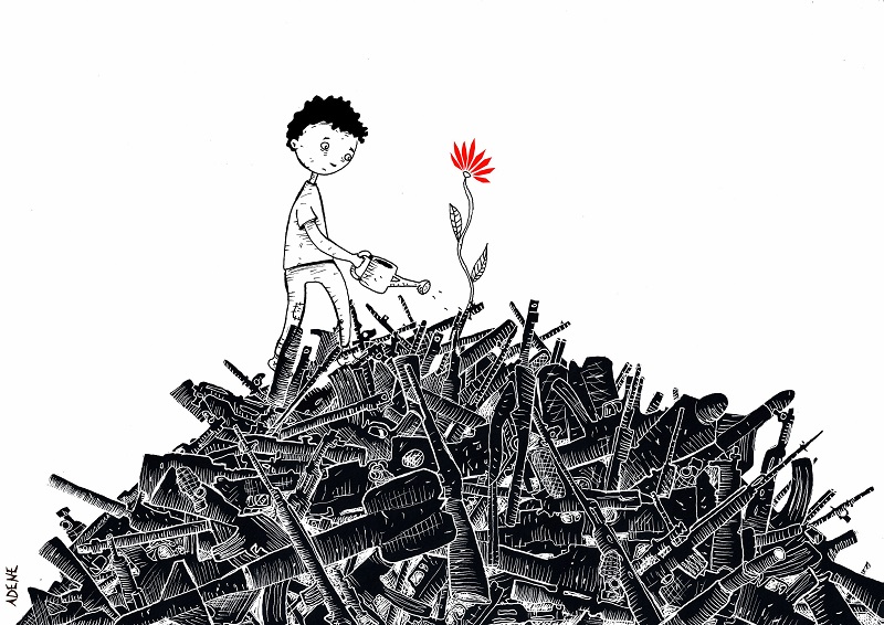 Black and white sketch of a young person standing on a pile of weapons, watering a single red flower.