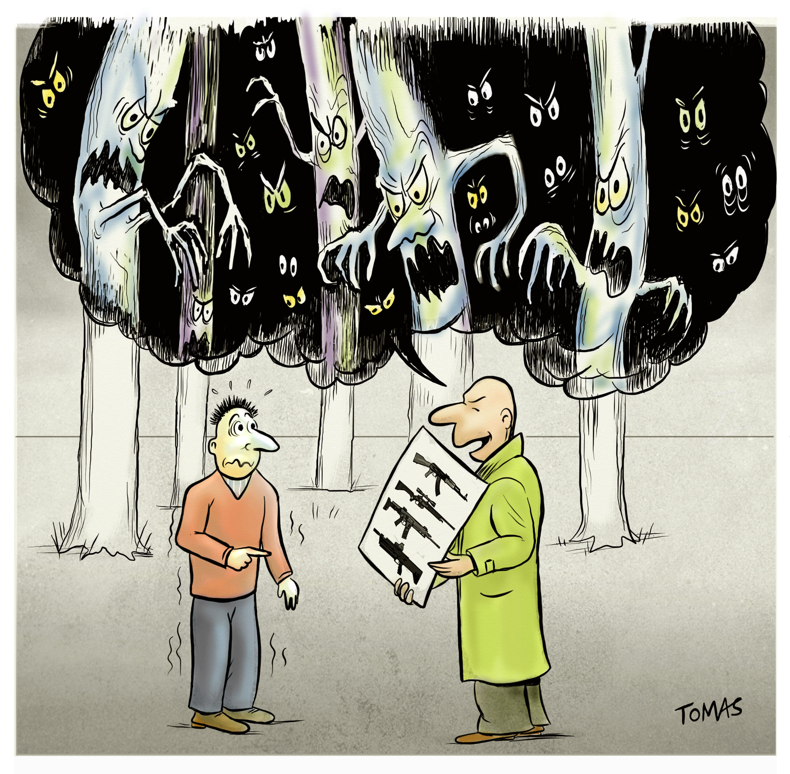 Colorful sketch of scary trees looming behind two men, one showing the other a chart of weapons.