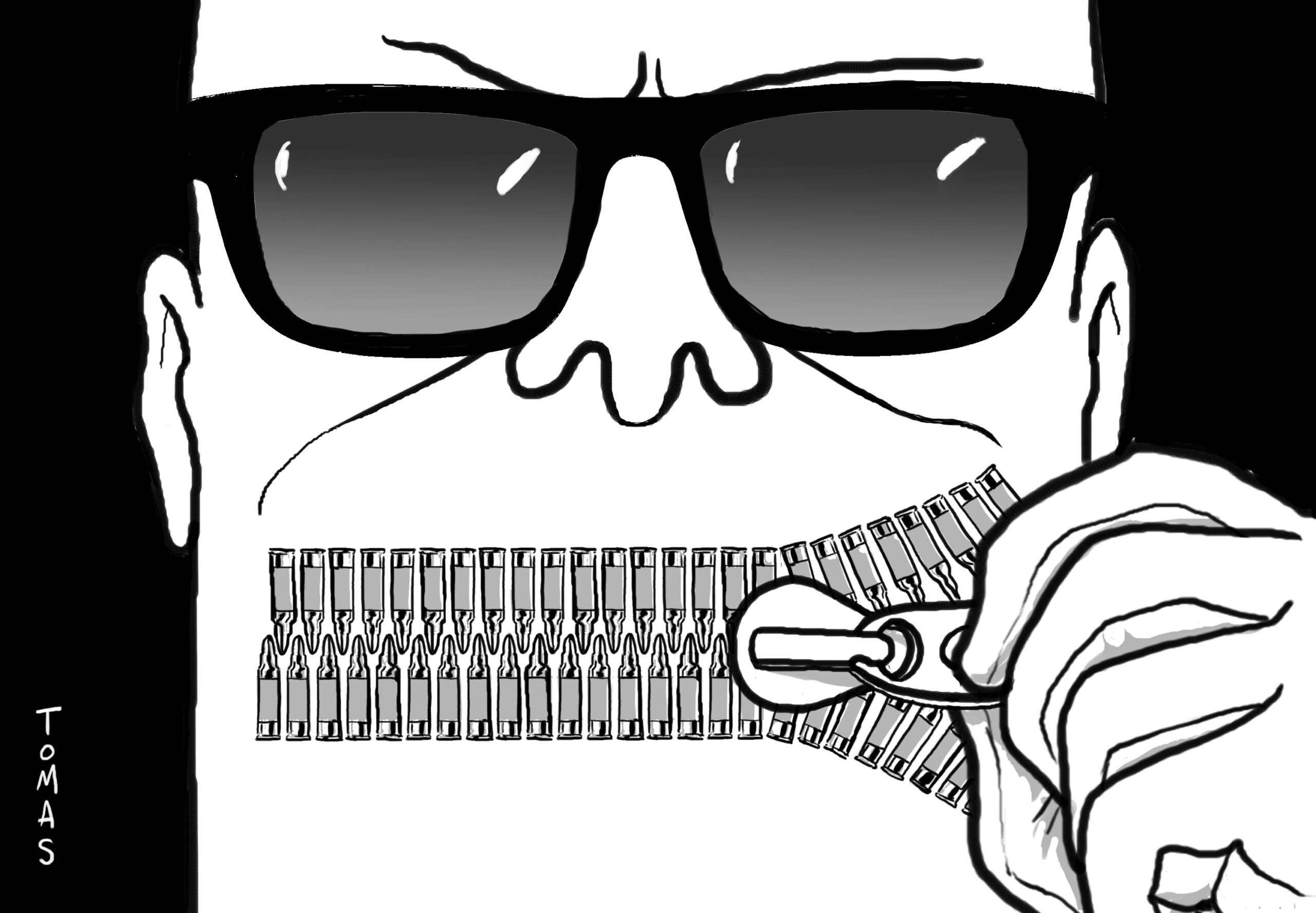 Black and white sketch of a man with sunglasses, zippering his mouth shut.