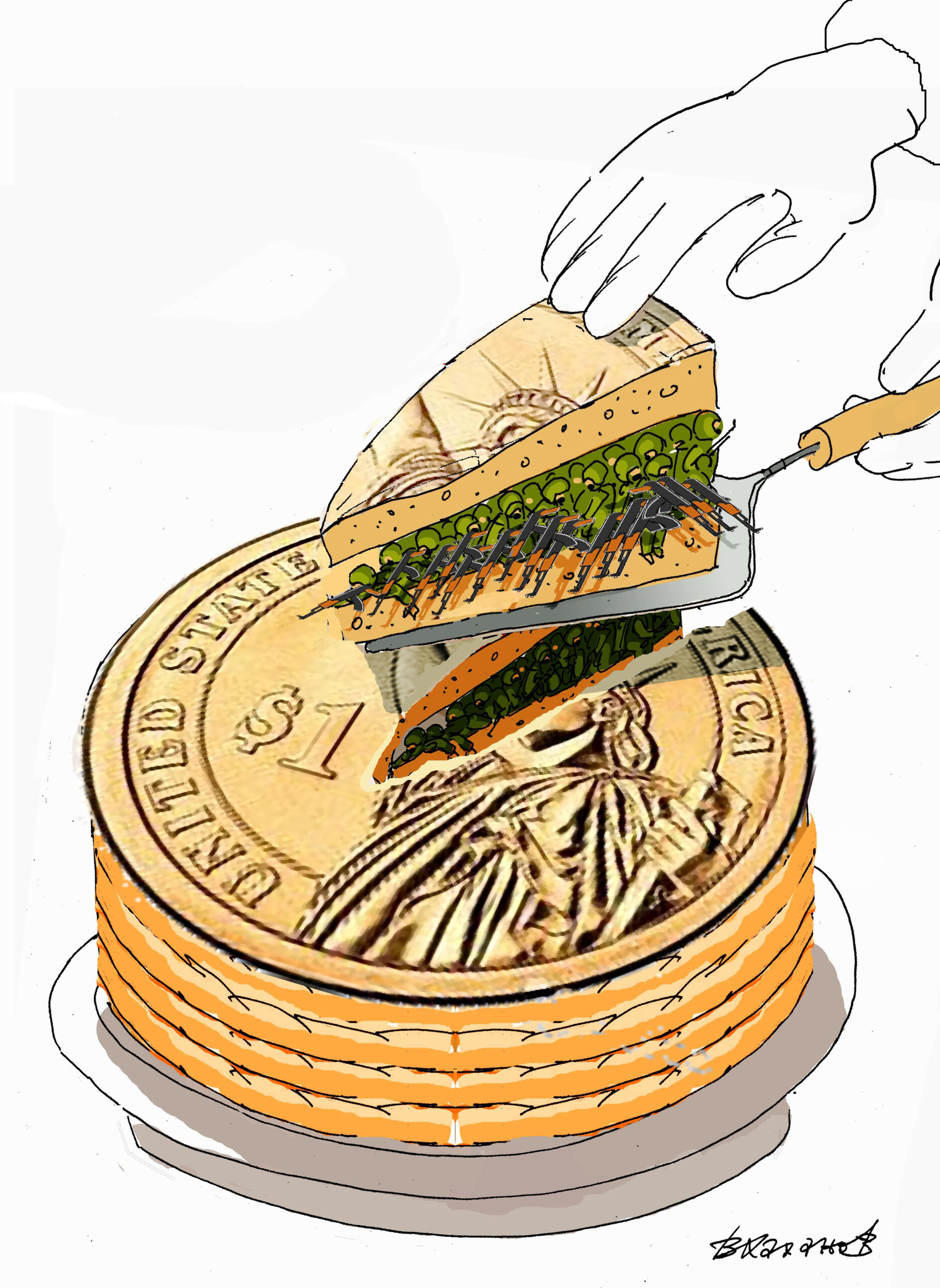 Drawing of hands cutting out a piece of pie from a stack of coins.