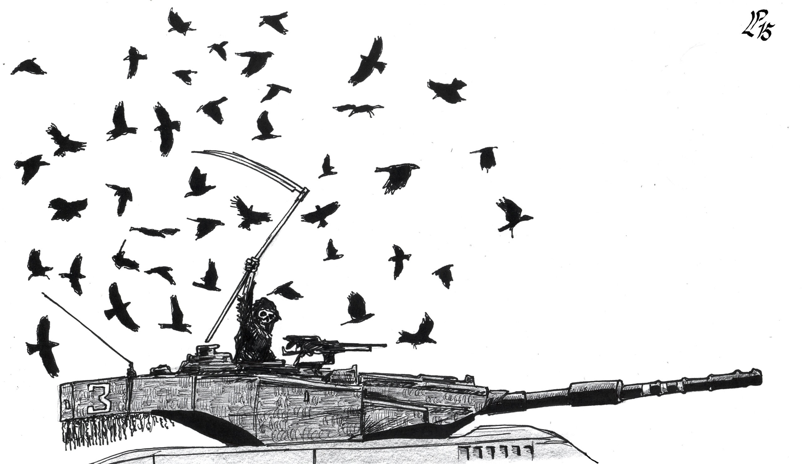 Black and white sketch of a skeleton with a scythe in a tank, surrounded by black birds.