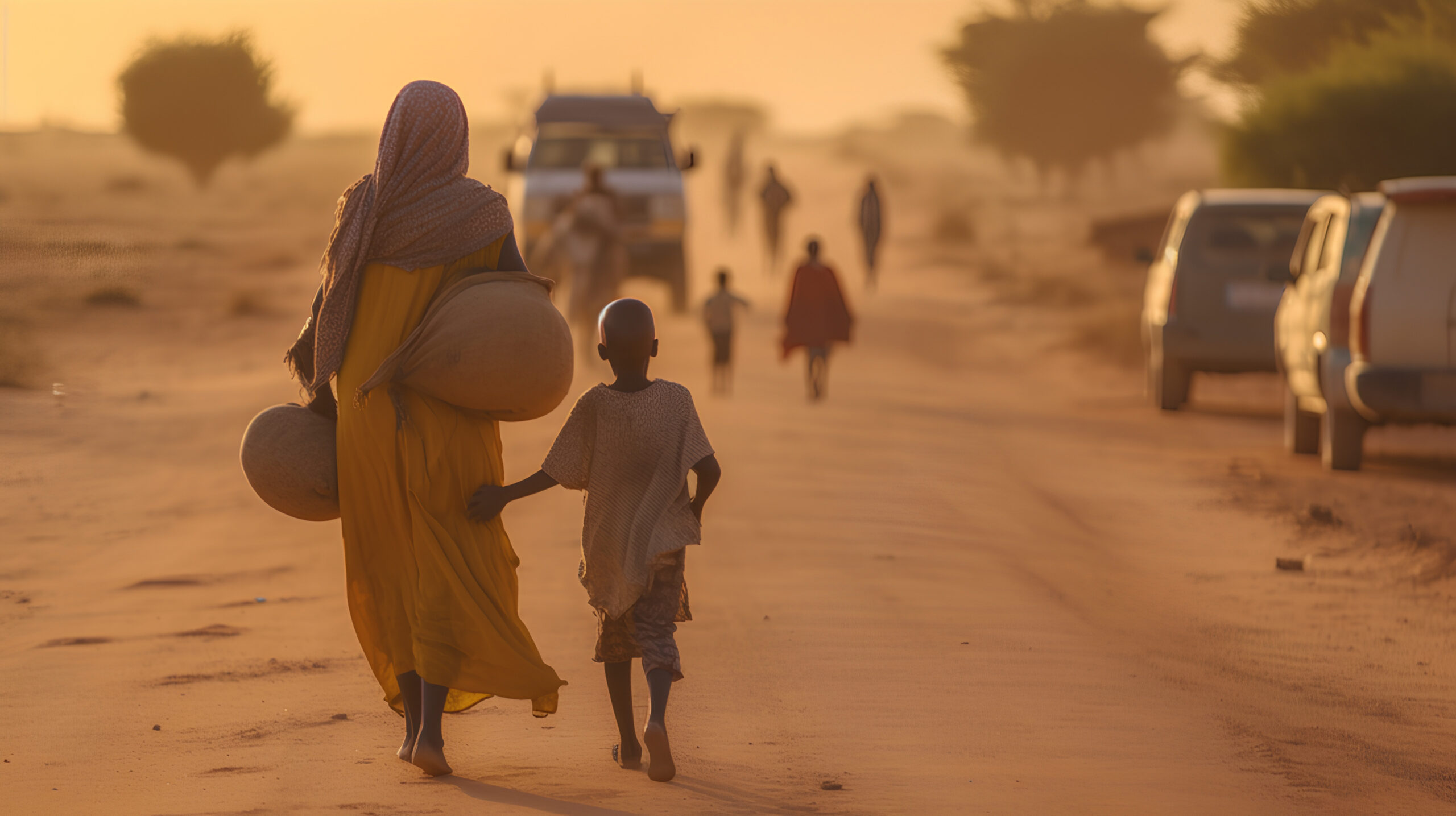 photo of mother and child walking away down a dirt road