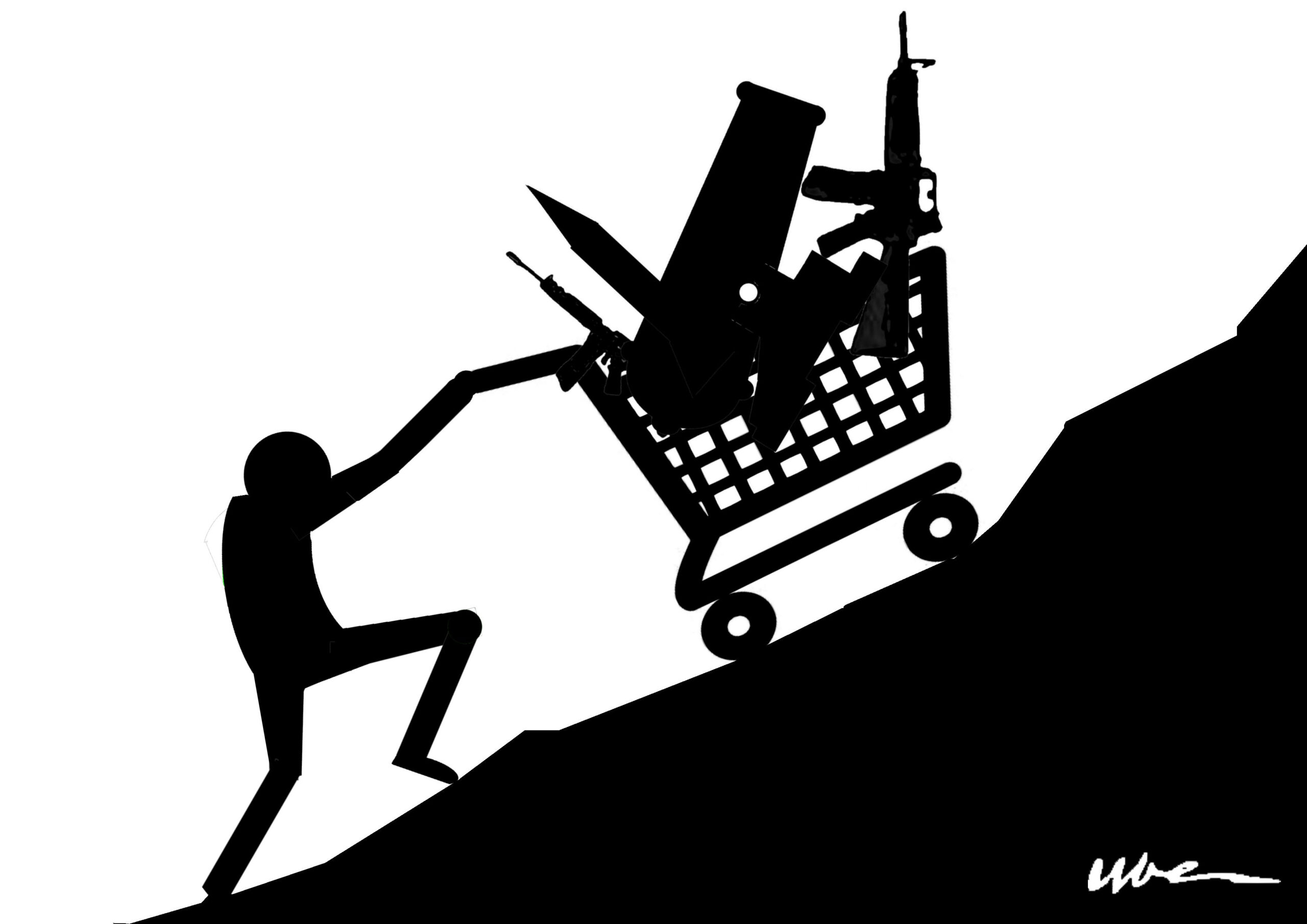 Black and white drawing, showing a person pushing a grocery cart of weapons up a steep hill.