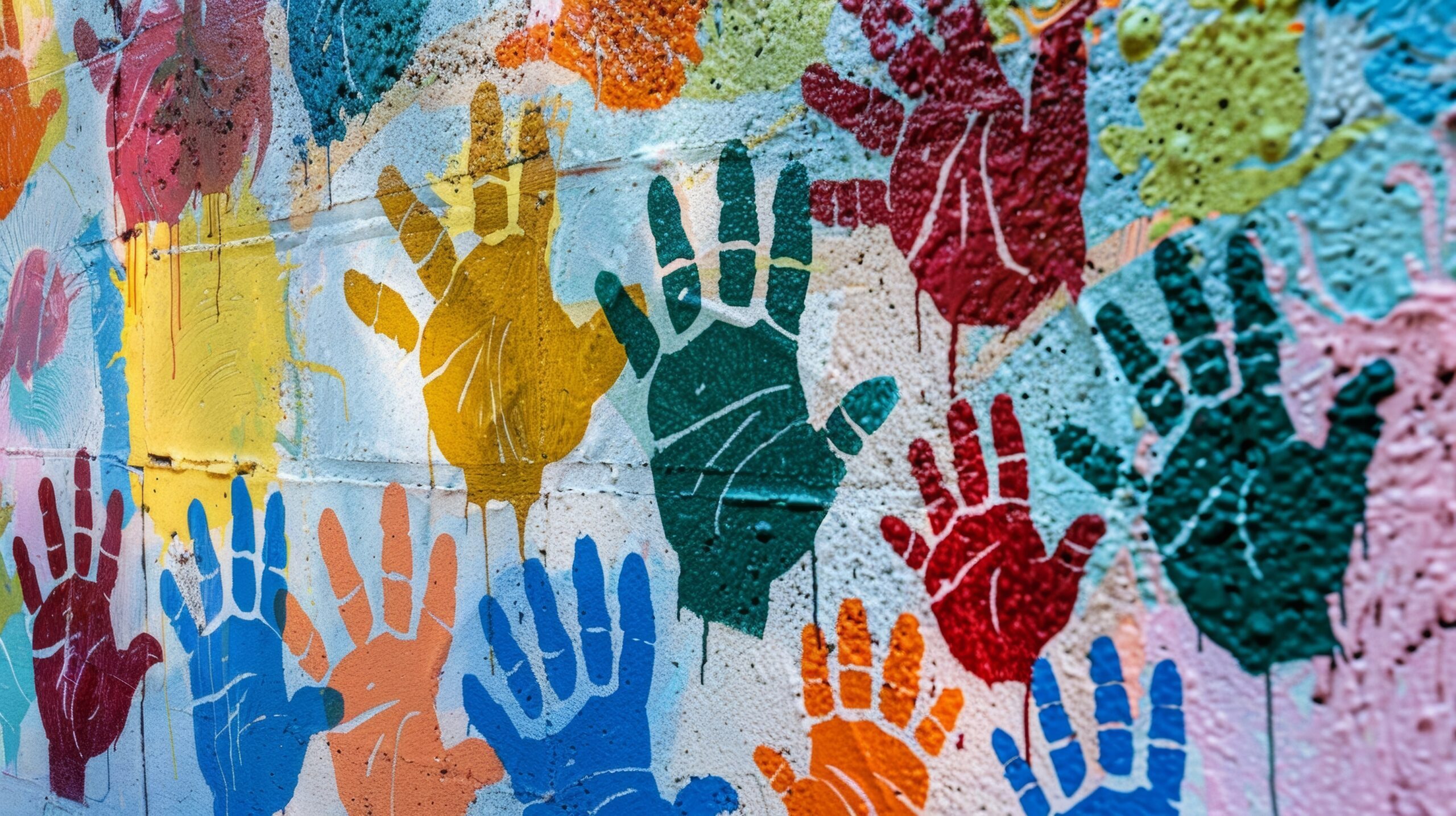 colorful painted hand prints on wall