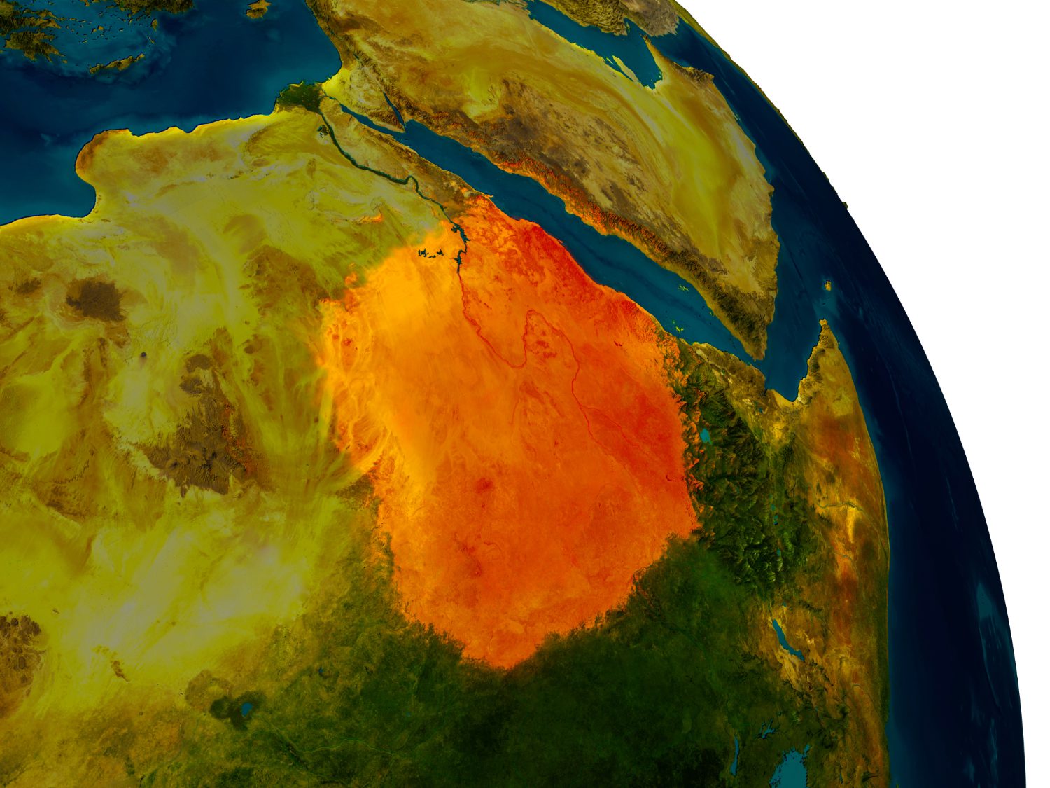 curve of globe focused on the Horn of Africa with sudan highlighted in red