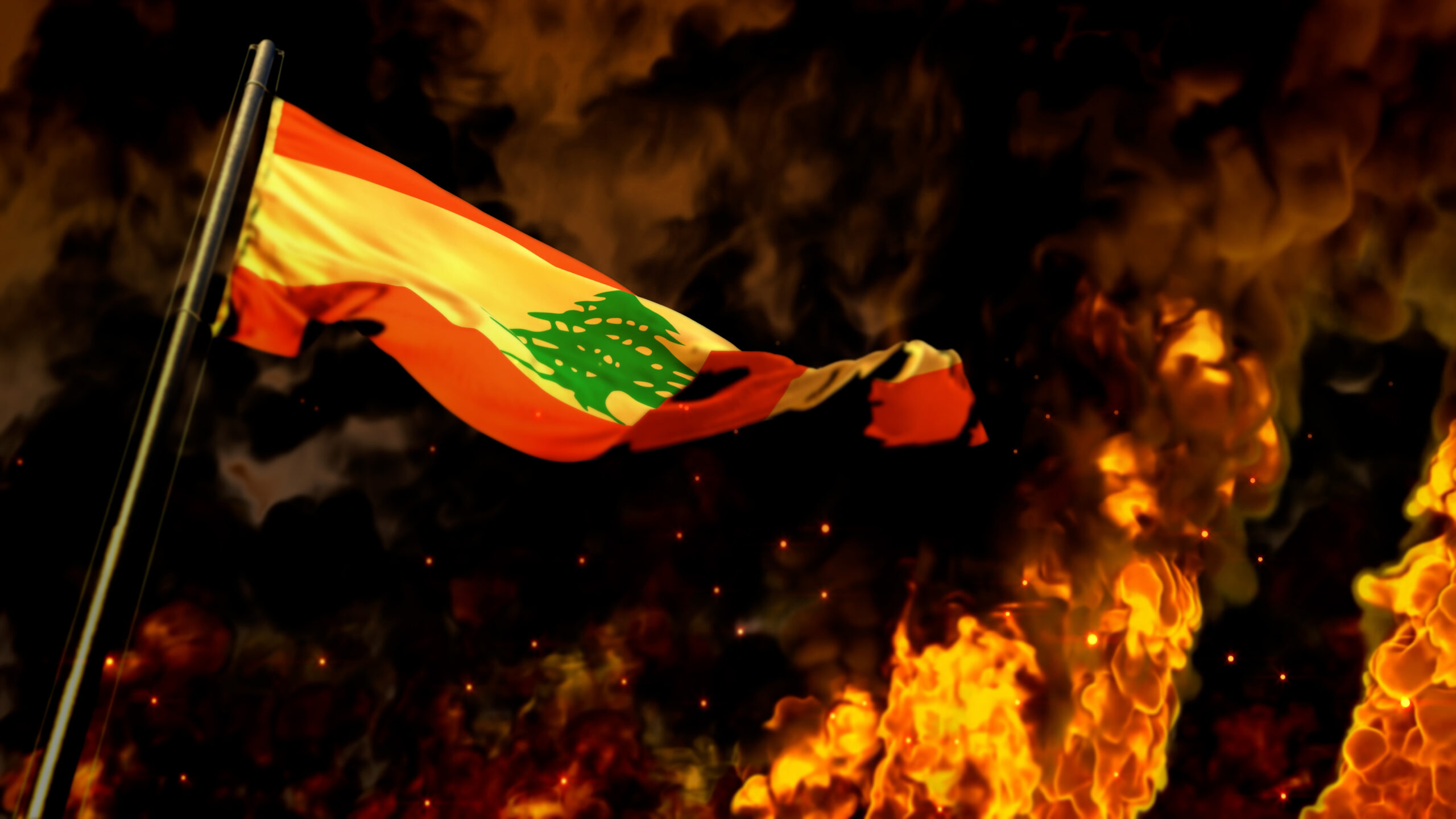 Flag of Lebanon on burning fire backdrop