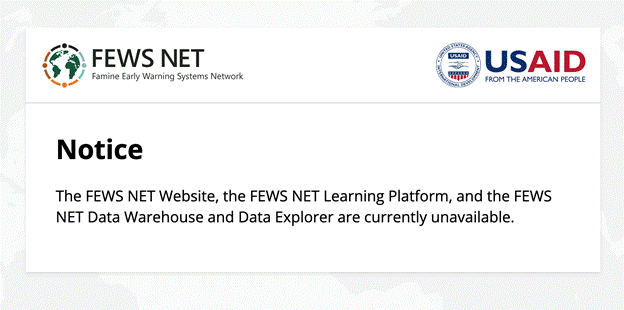 Screen shot of FEWSNET website notice, "currently unavailable".