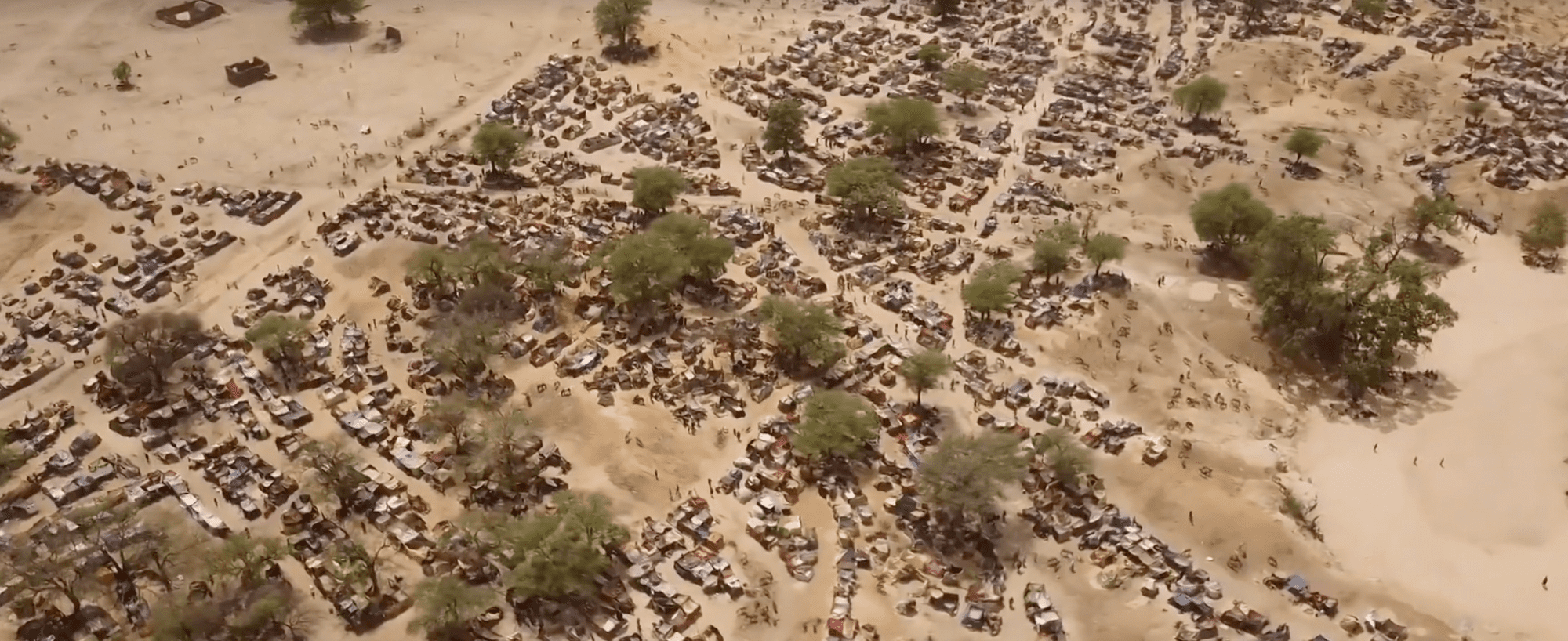 aerial photo of refugee camp in Chad dotted with trees and tents