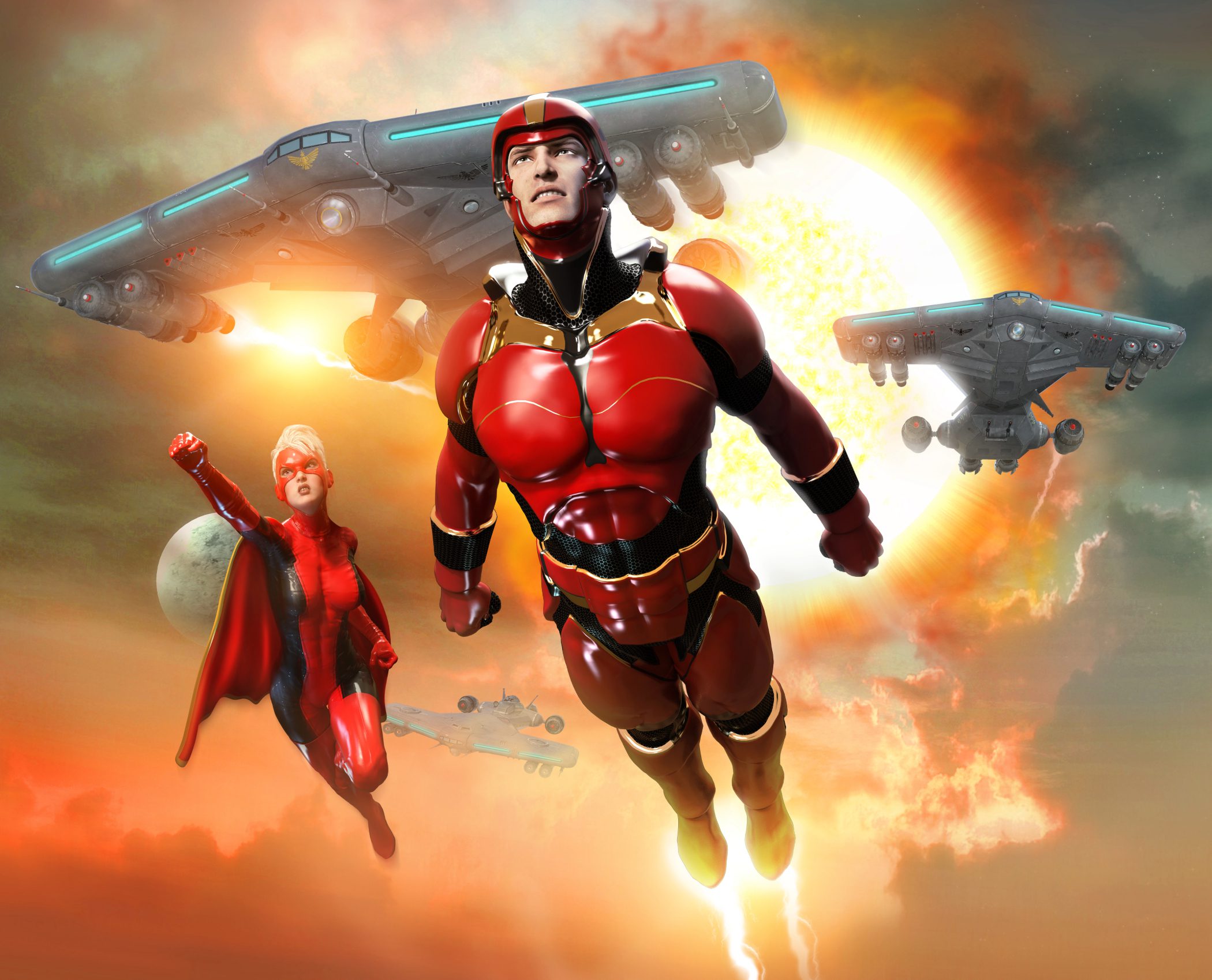 illustration of super heroes with capes and red uniforms flying with planes in background