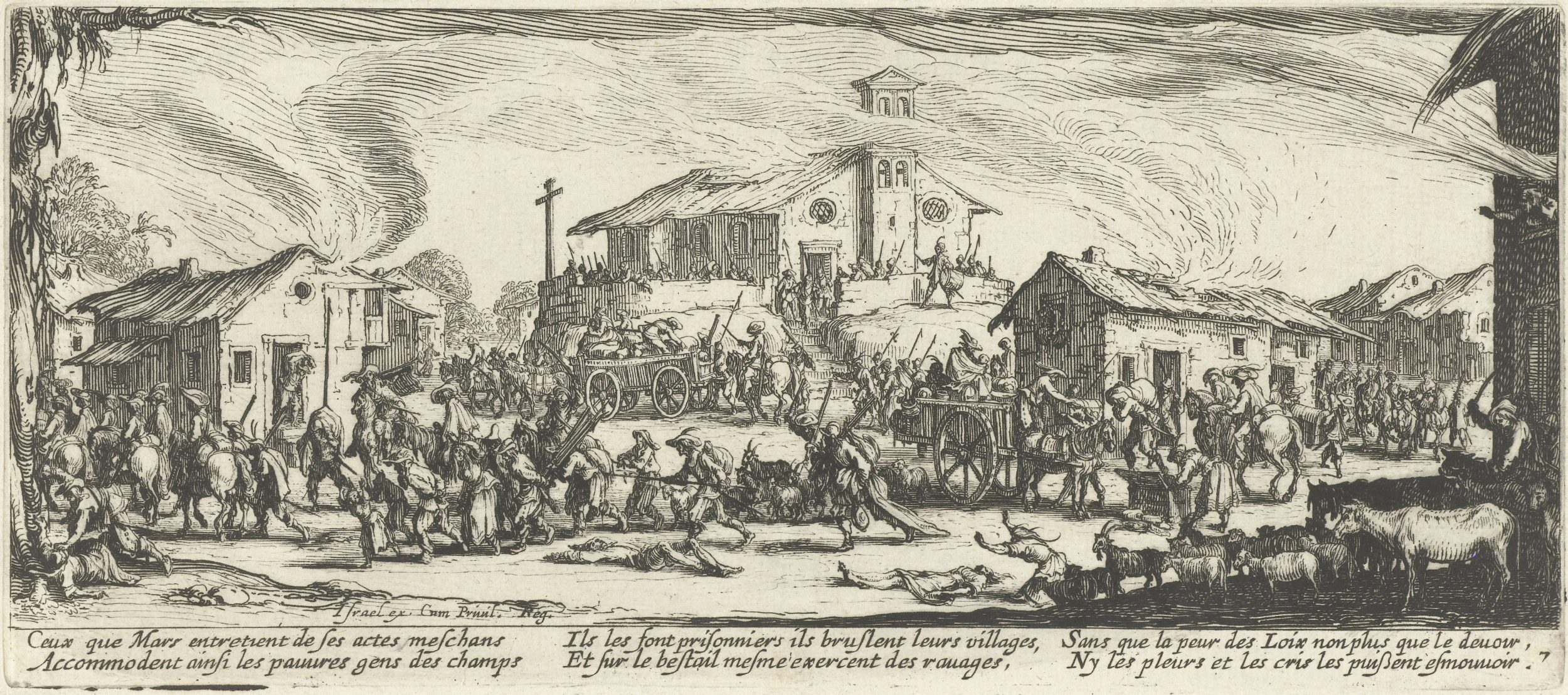 black and white illustration of looting of a town by during war