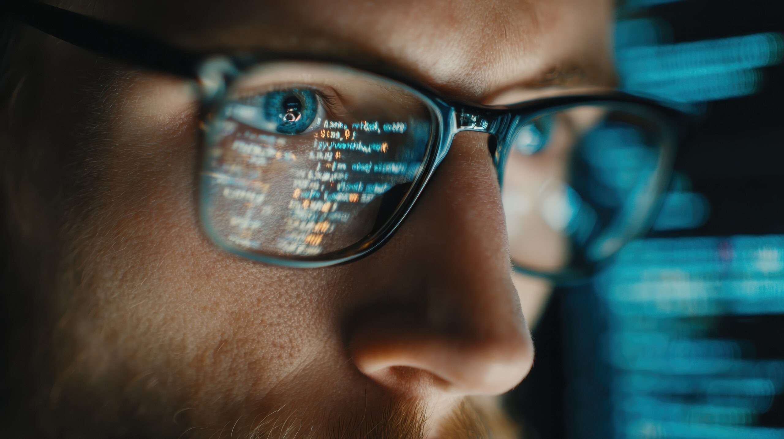 Focused developer coder wears glasses working on computer looking at programming code data cyber security digital tech reflecting in spectacles developing software program, focus on eye close up view
