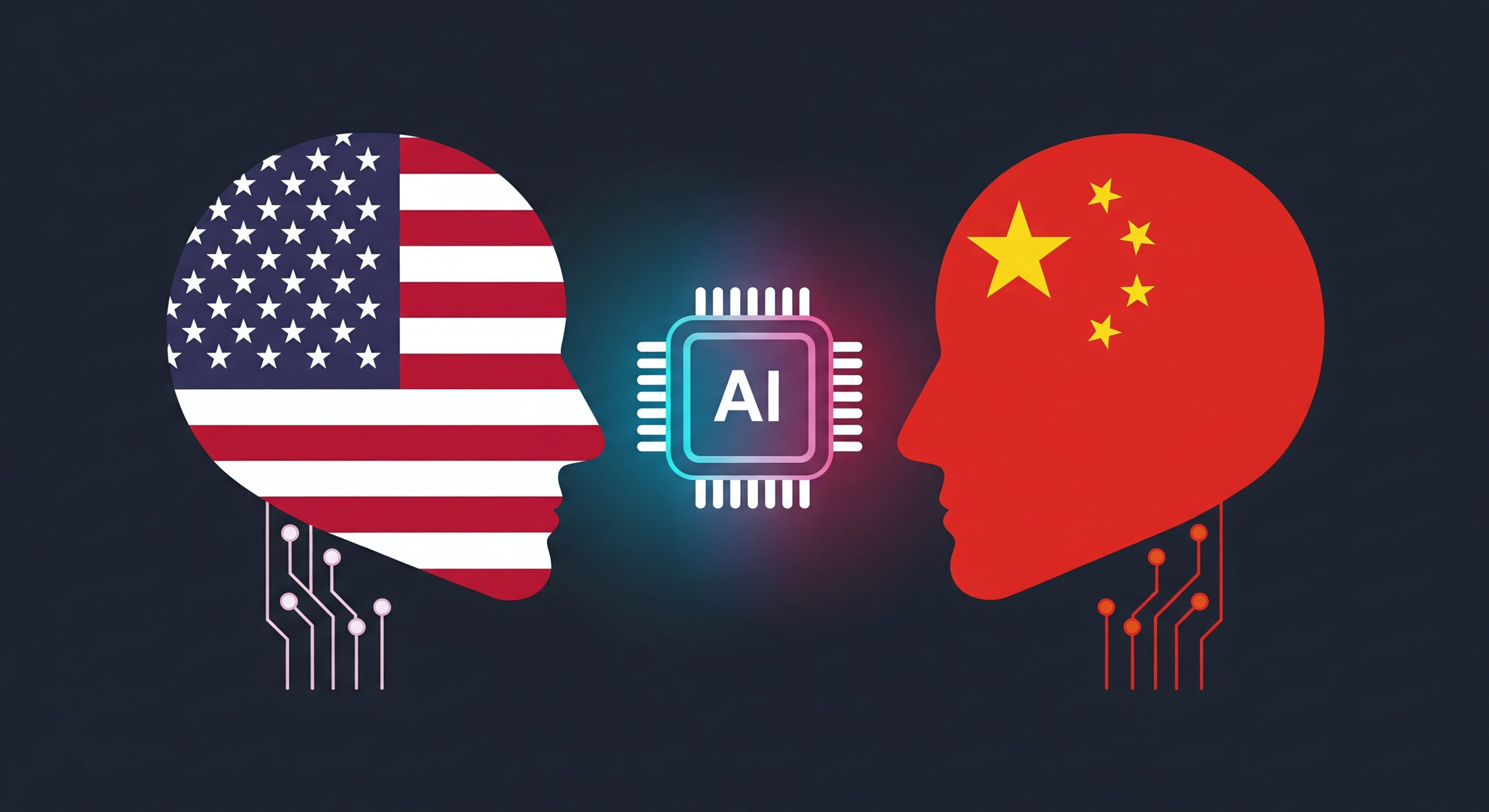 illustration of two AI heads facing each other with USA and China flags, glowing chip symbolizing artificial intelligence dominance