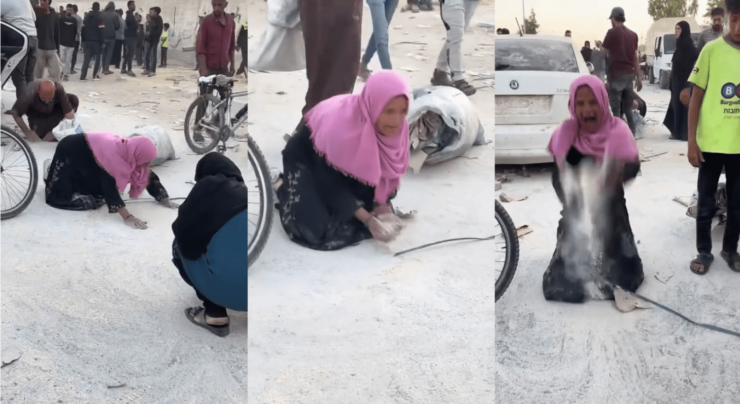 a series of 3 photos showing a crying woman trying to gather flour mixed into sand on the ground