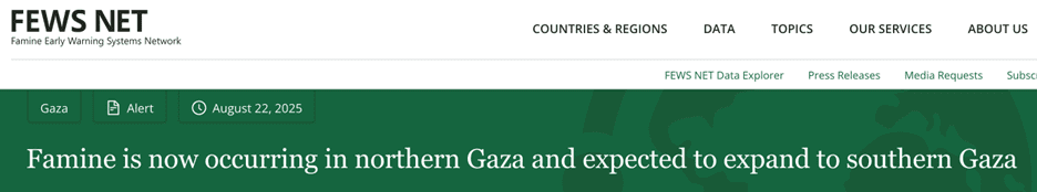 Screengrab of FEWS NET headline about famine in northern gaza