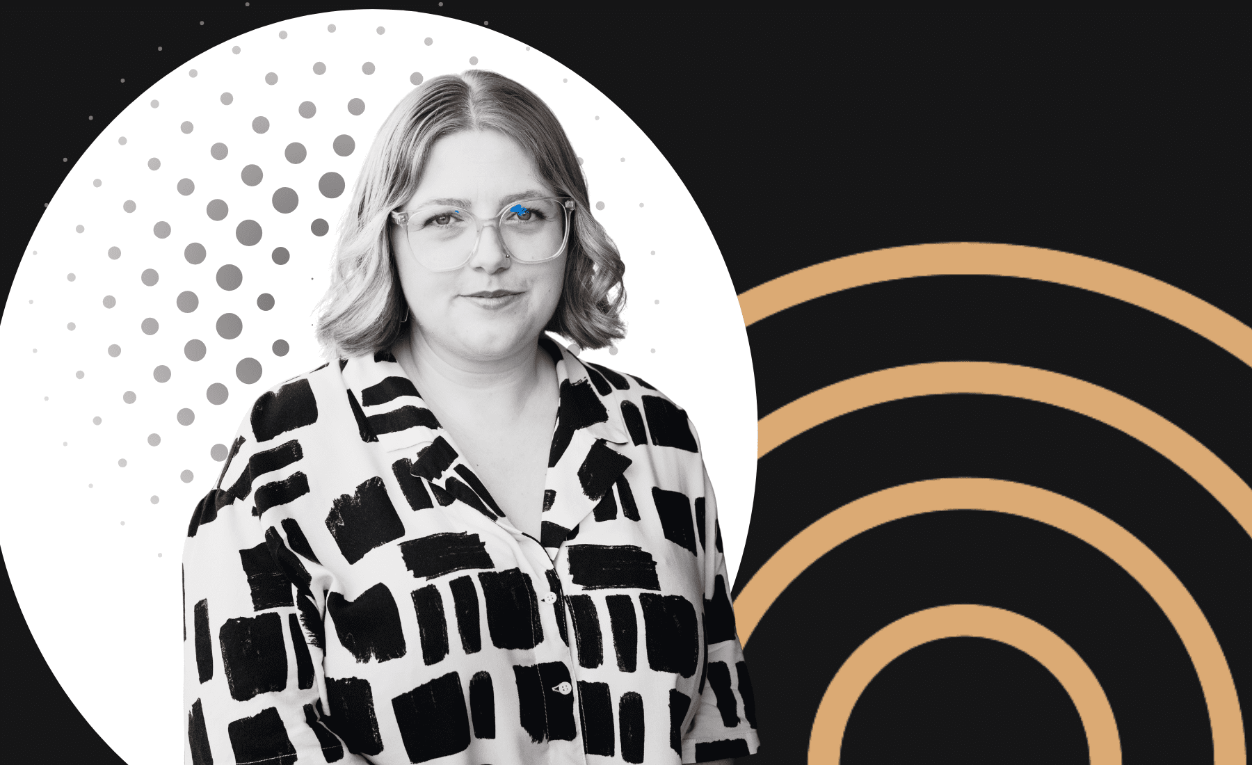 graphic banner woman with glasses in a block pattern shirt against a black background