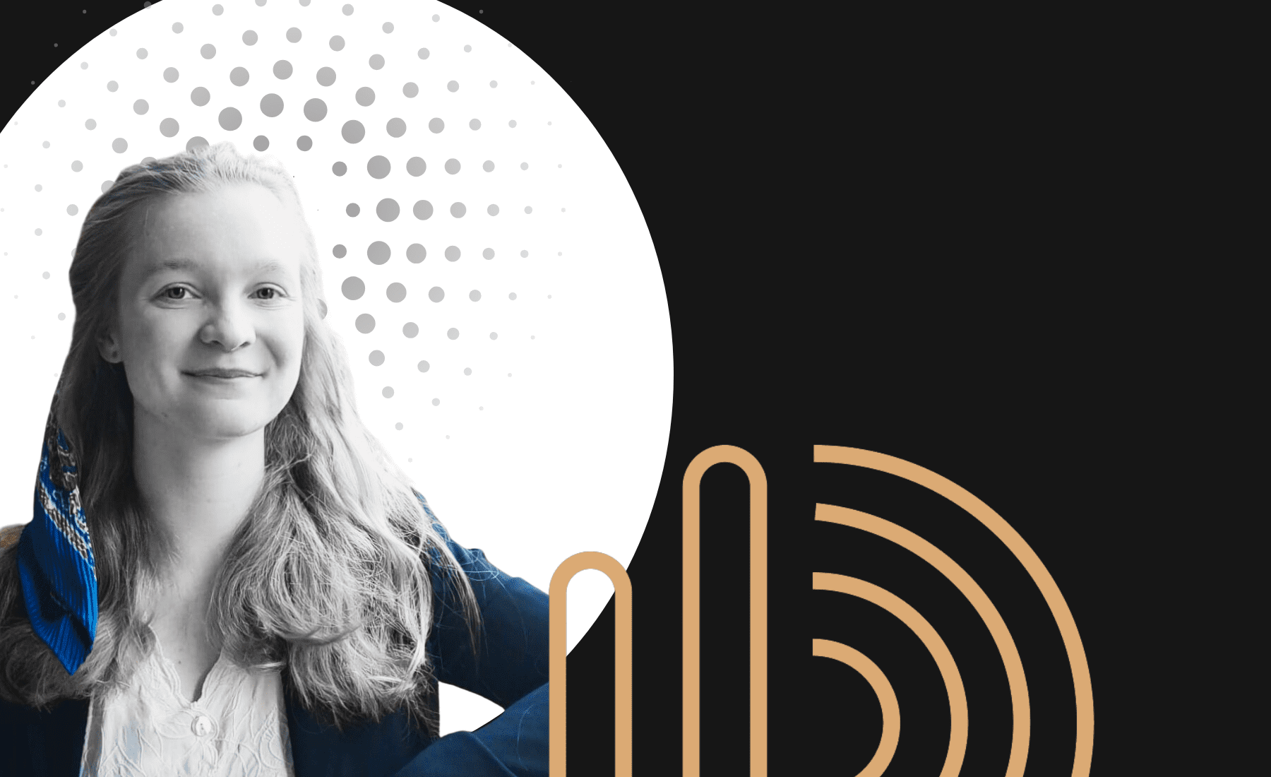 banner graphic woman with blue handkerchief in blond hair on white circle with black background