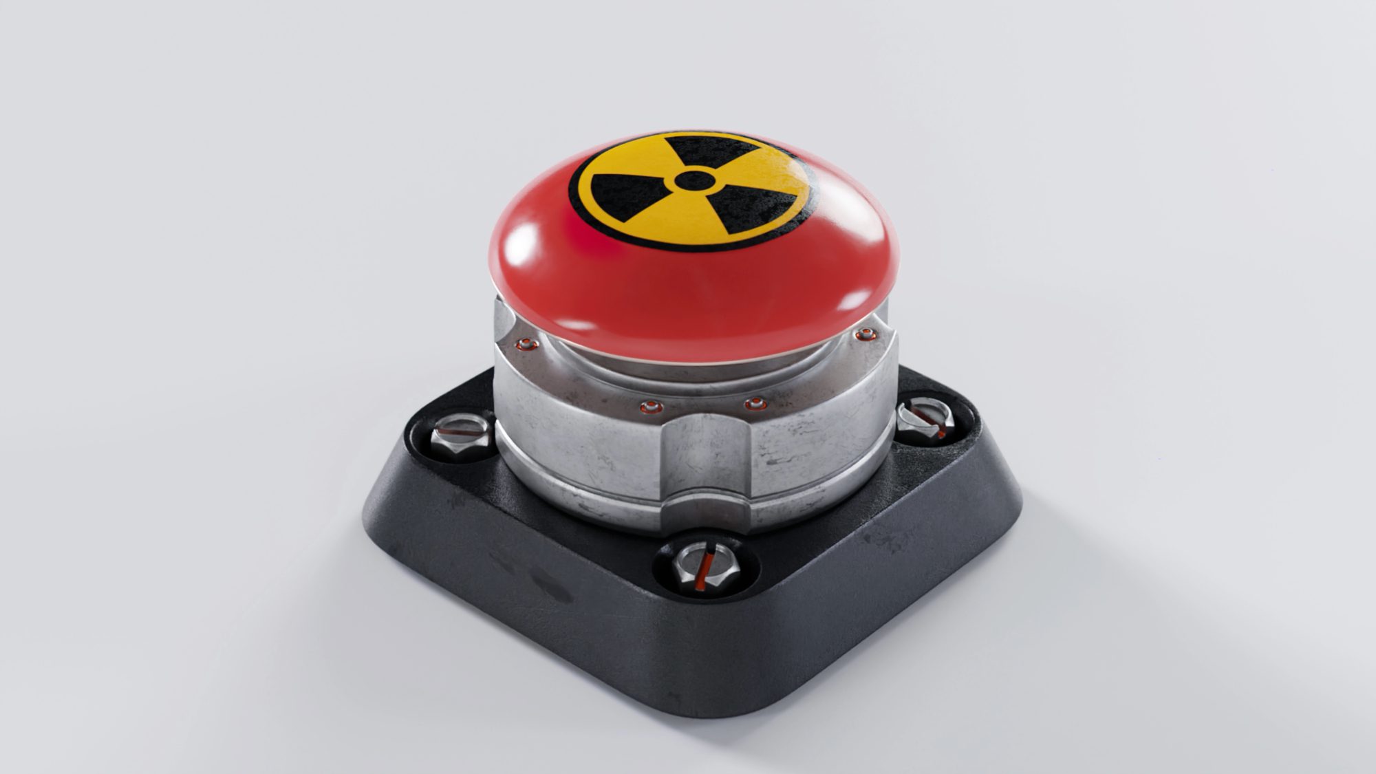 red button with black and yellow nuclear symbol symbolize nuclear launch