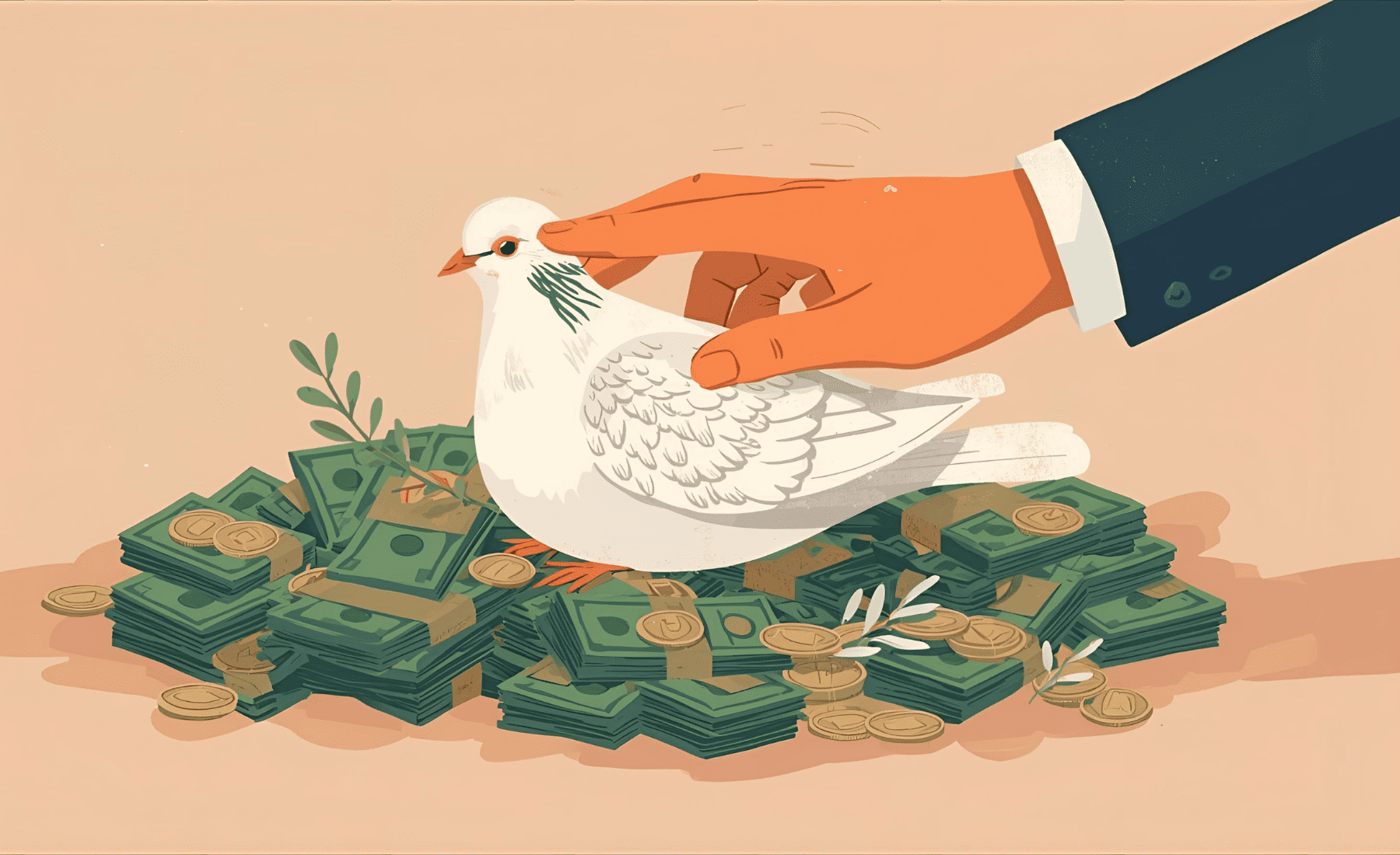 graphic of a dove of peace nesting in a pile of money and coins