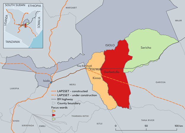 Map of Kenya indicating location for road construction