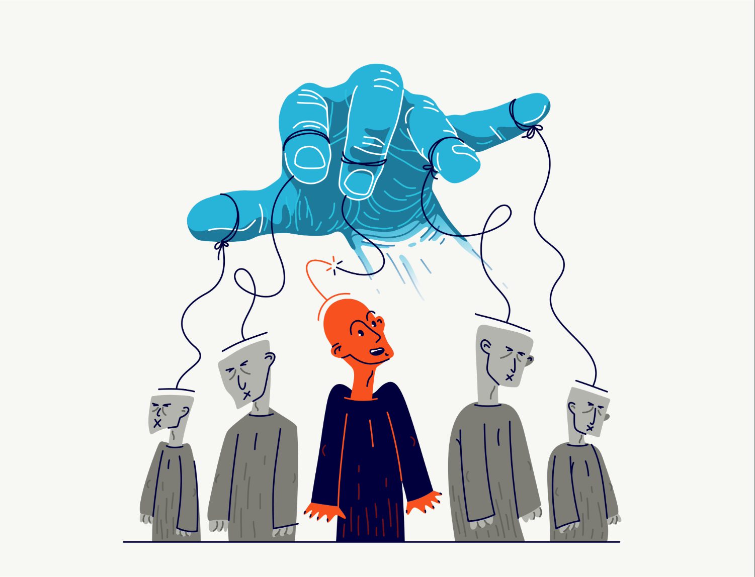 illustration of multiple figures being manipulated like puppets