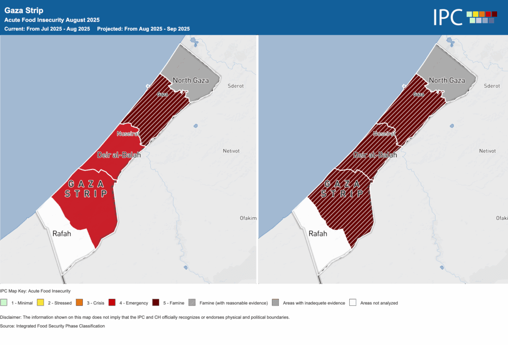 double panel image showing food insecurity in Gaza strip from July 2025 to Sept 2025