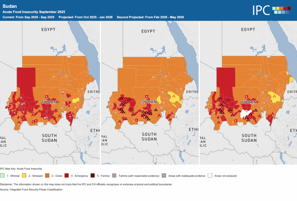 3 panel map showing acute food insecurity in Sudan