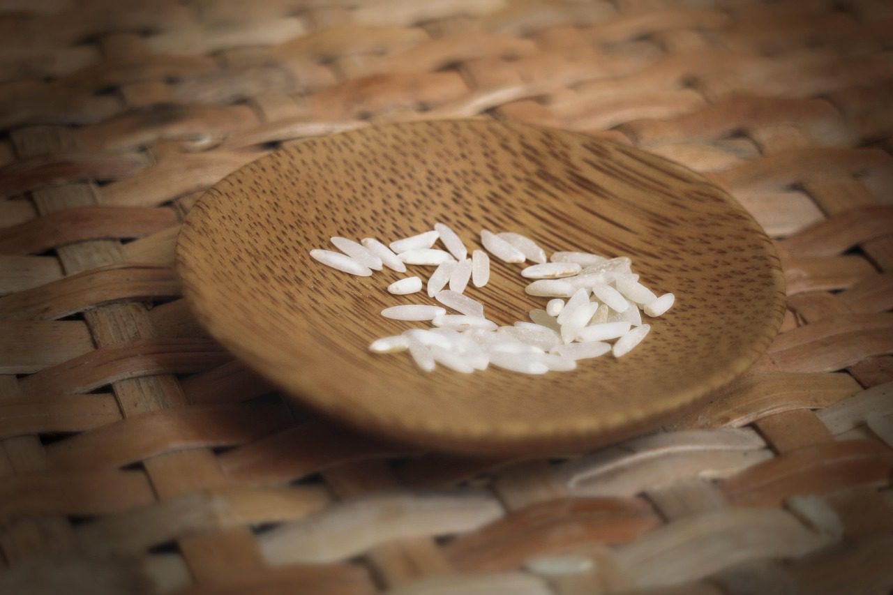 wooden bowl with few grains of rice, representing famine
