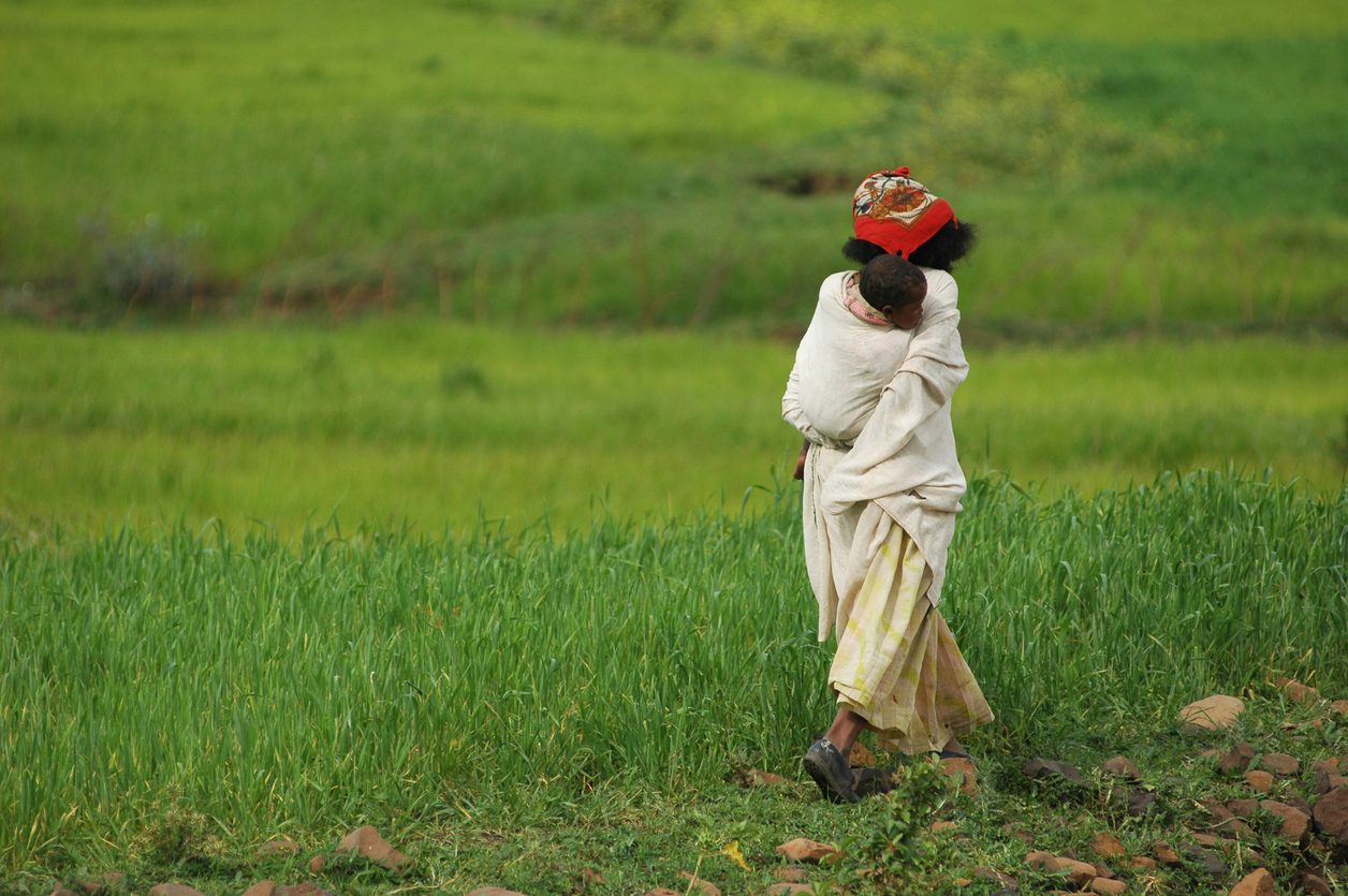 Ethiopian Woman in a traditional dressing carry baby on her back in a green fields
