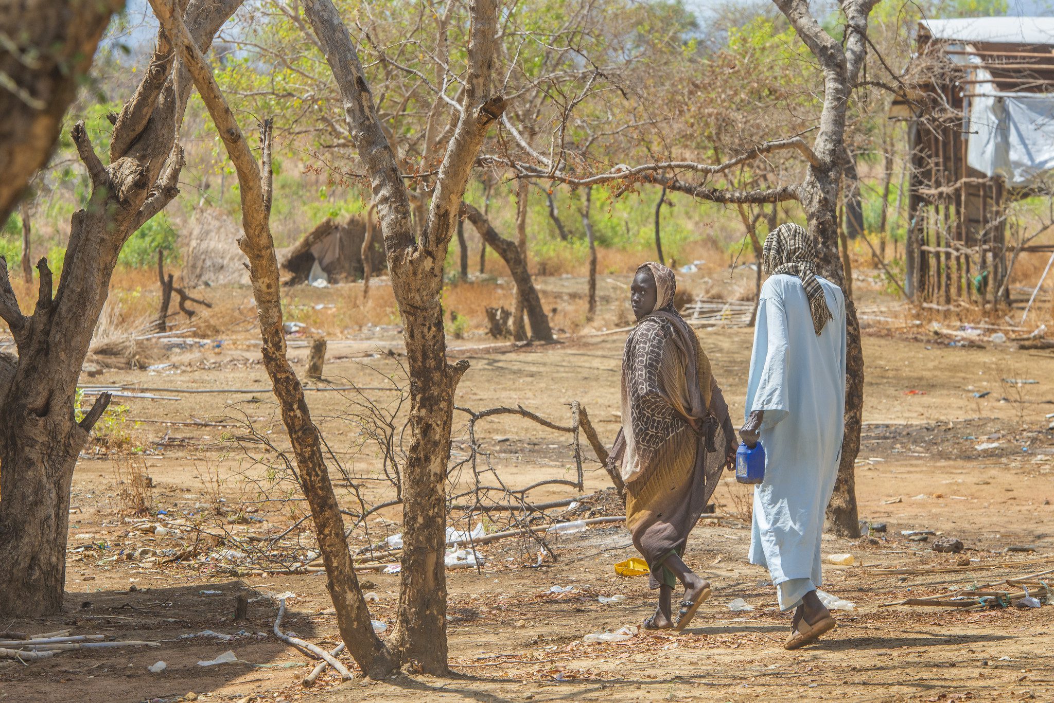 two Sudanese women walk through a sparsely wooded space