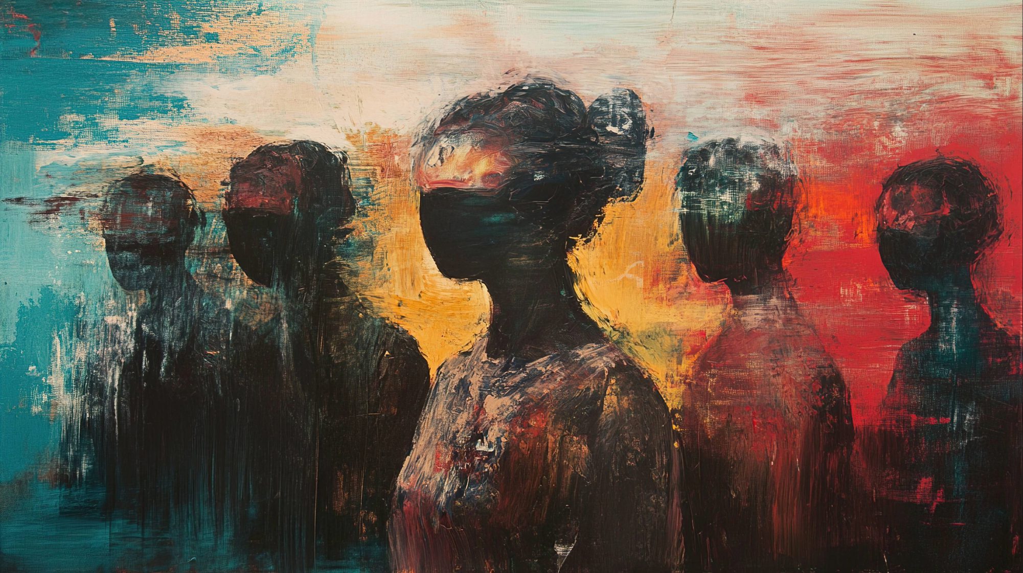 dark figures with pastel orange and red colors in the background