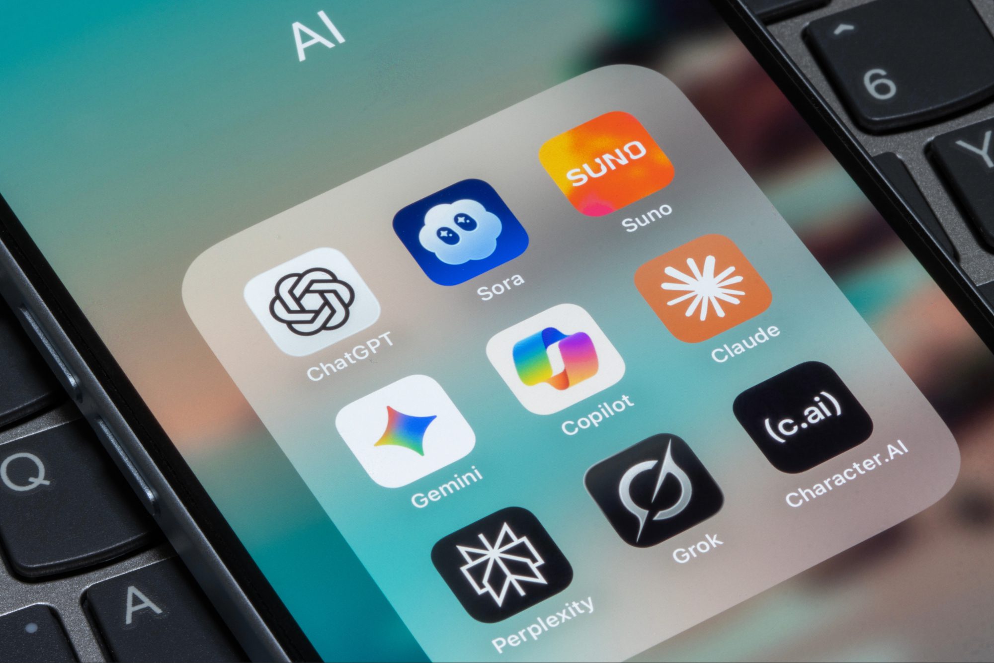 Assorted generative AI apps, including ChatGPT, Sora, Suno, Gemini, Copilot, Claude, Perplexity, Grok, and Character.AI, are seen on phone screen
