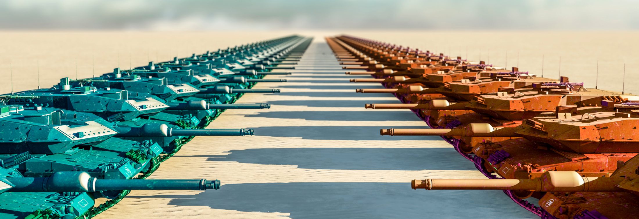 opposing rows of tanks in endless rows, signify never ending war