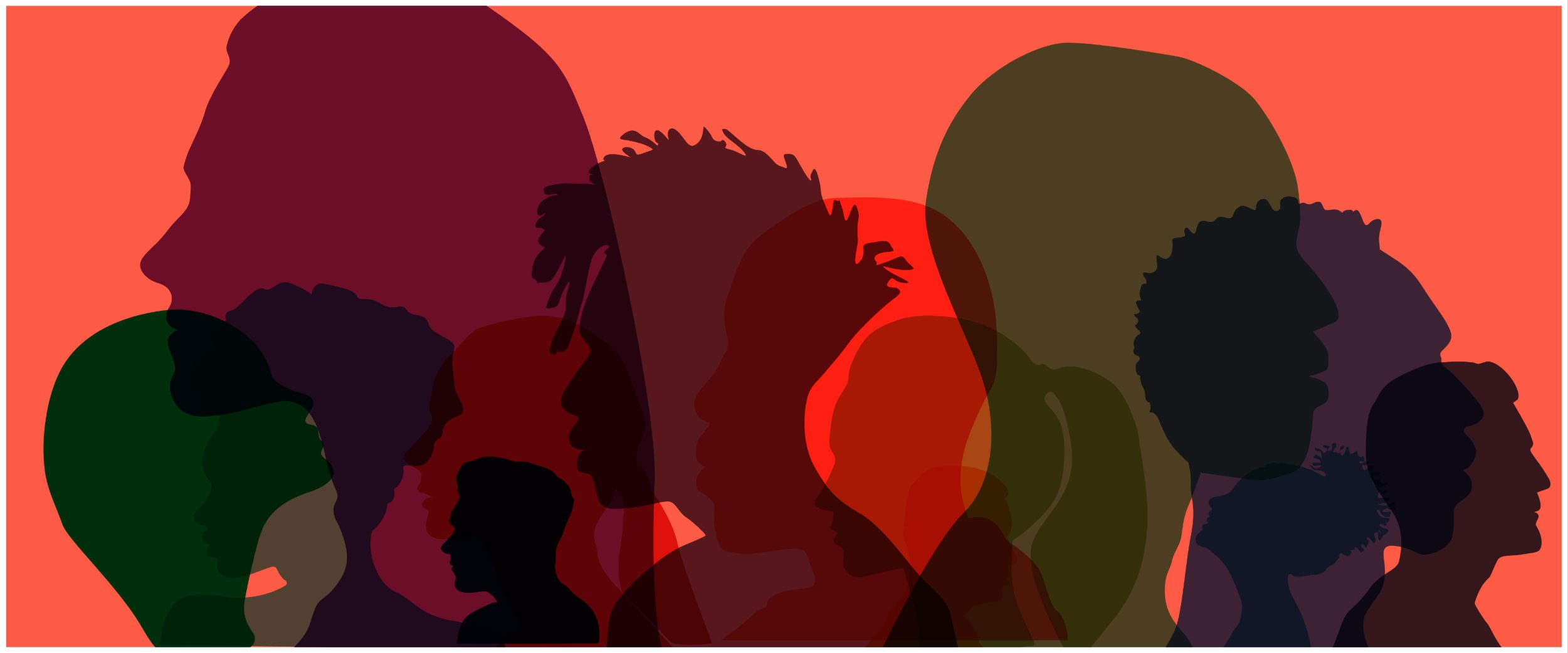 Group side silhouette men and women of different culture