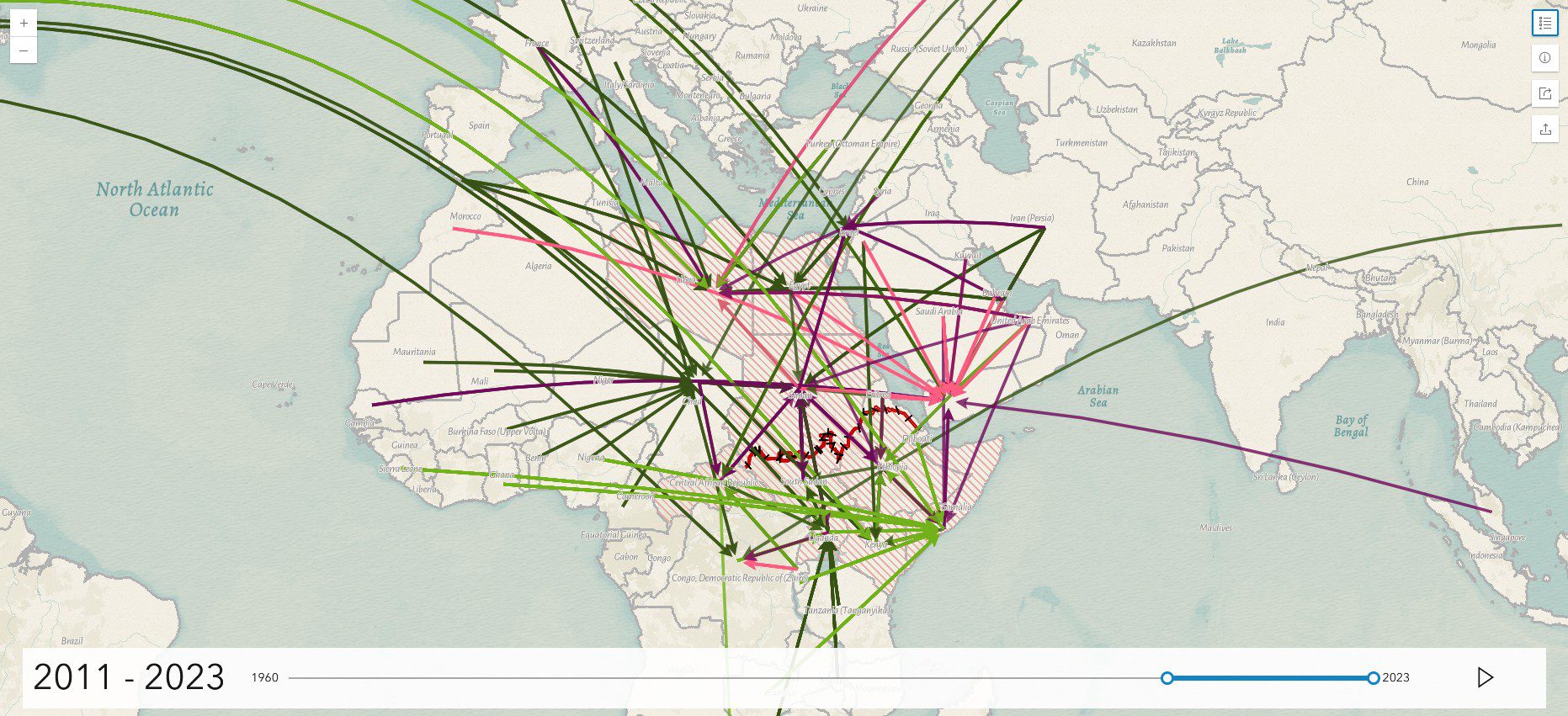 Still shot of interactive map, External Military Support to the Horn of Africa 1960-2023