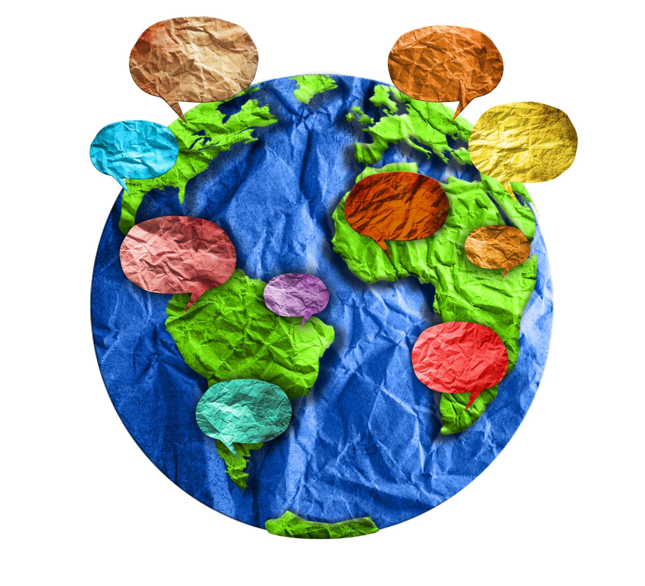 Global communication, international messaging and translation concept, speech bubbles around blue Earth globe isolated on white background